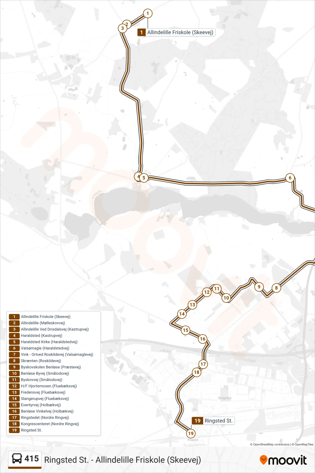 415 bus Linje (Ringsted St.) rute og stop på et kort