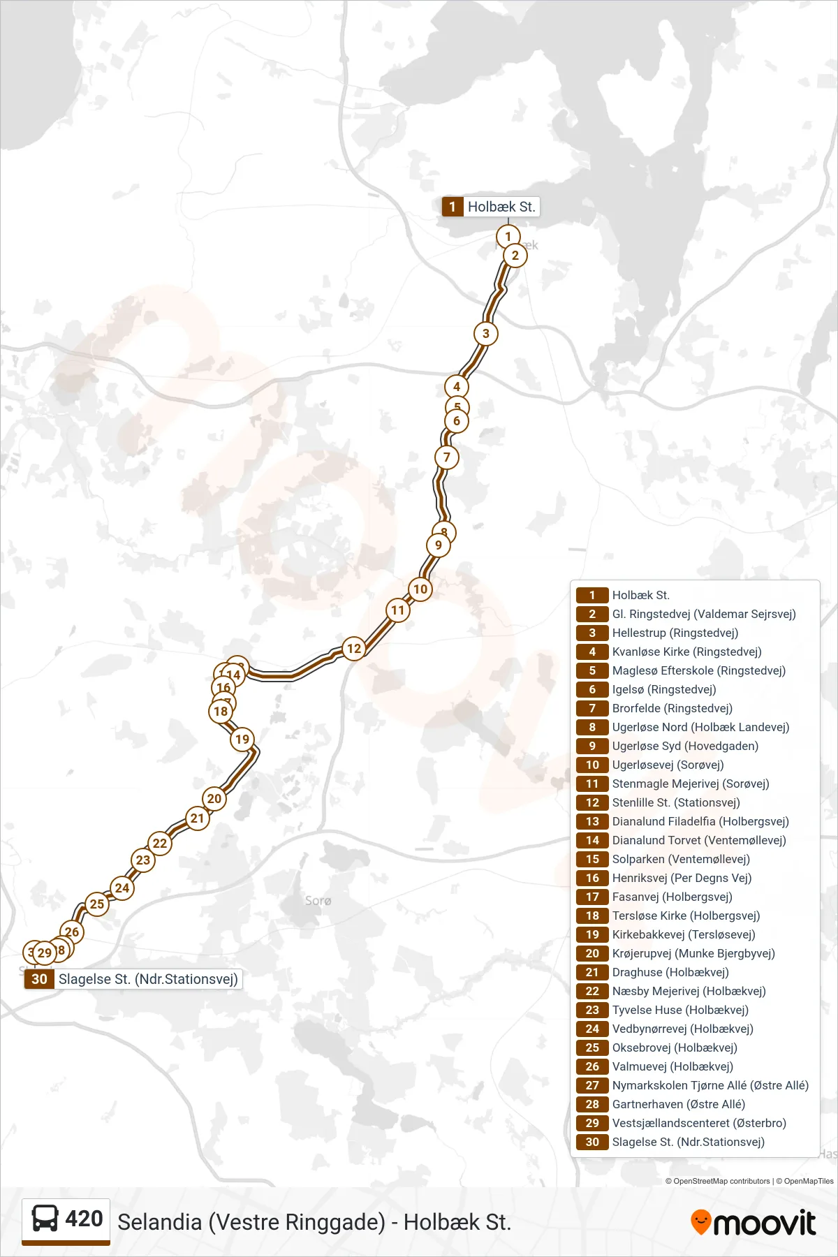 420 bus Linje (Slagelse St.) rute og stop på et kort