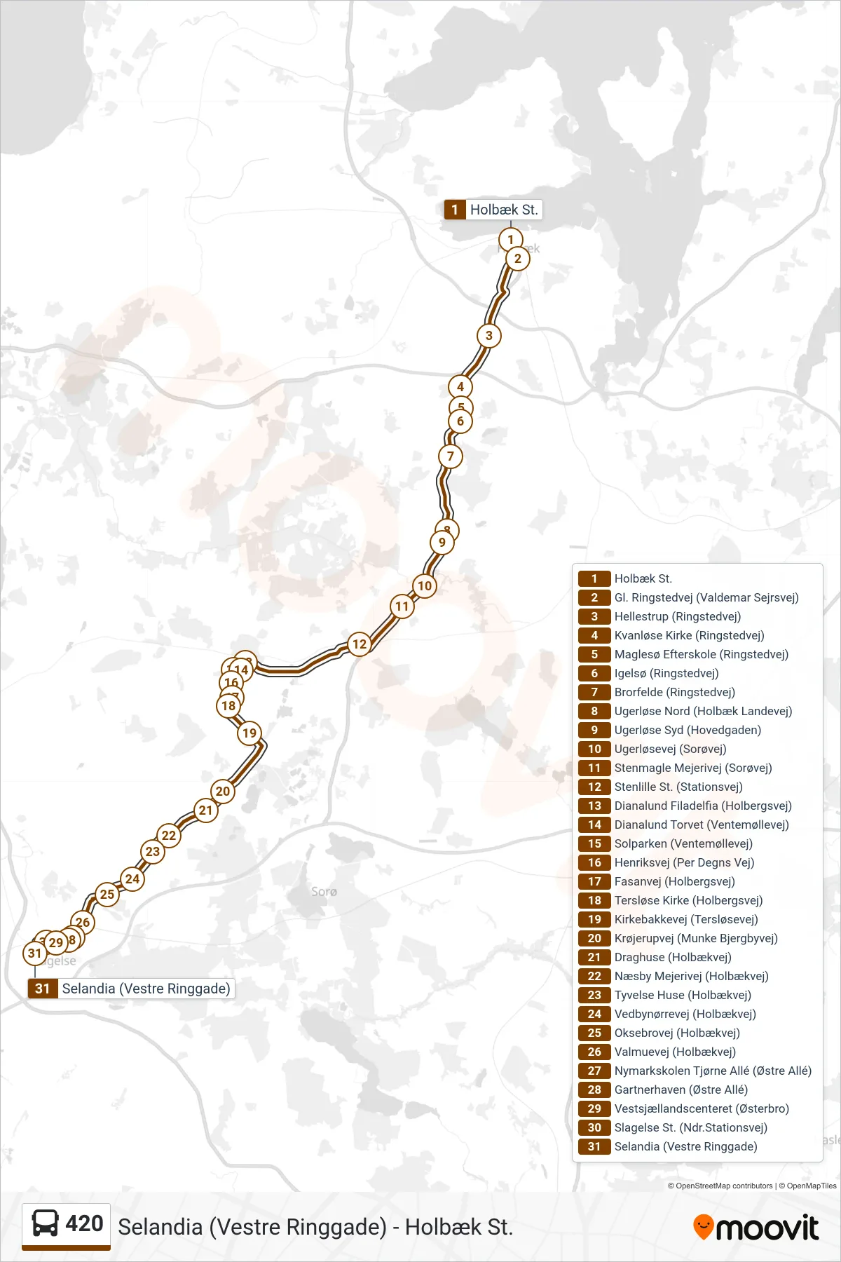 420 bus Linje (Selandia) rute og stop på et kort
