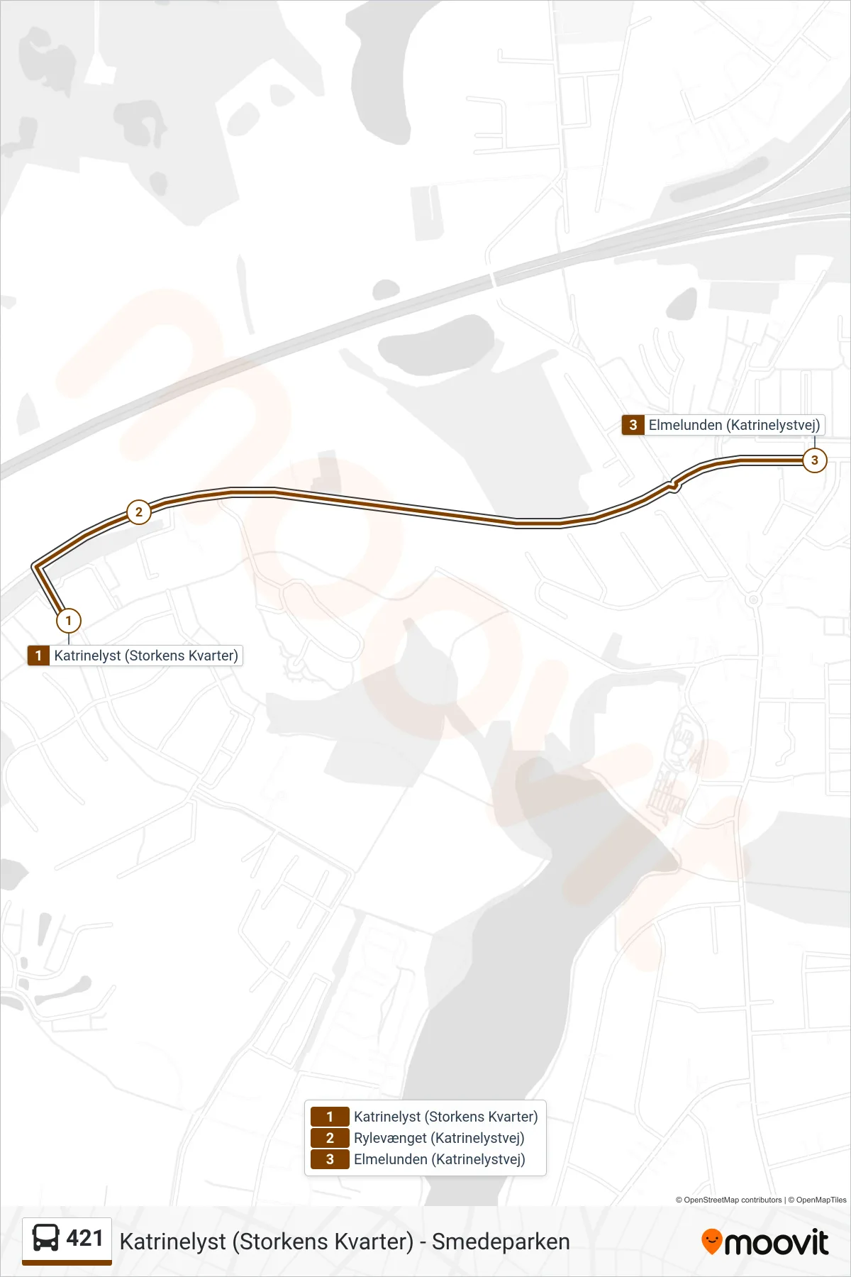 421 bus Linje (Elmelunden) rute og stop på et kort