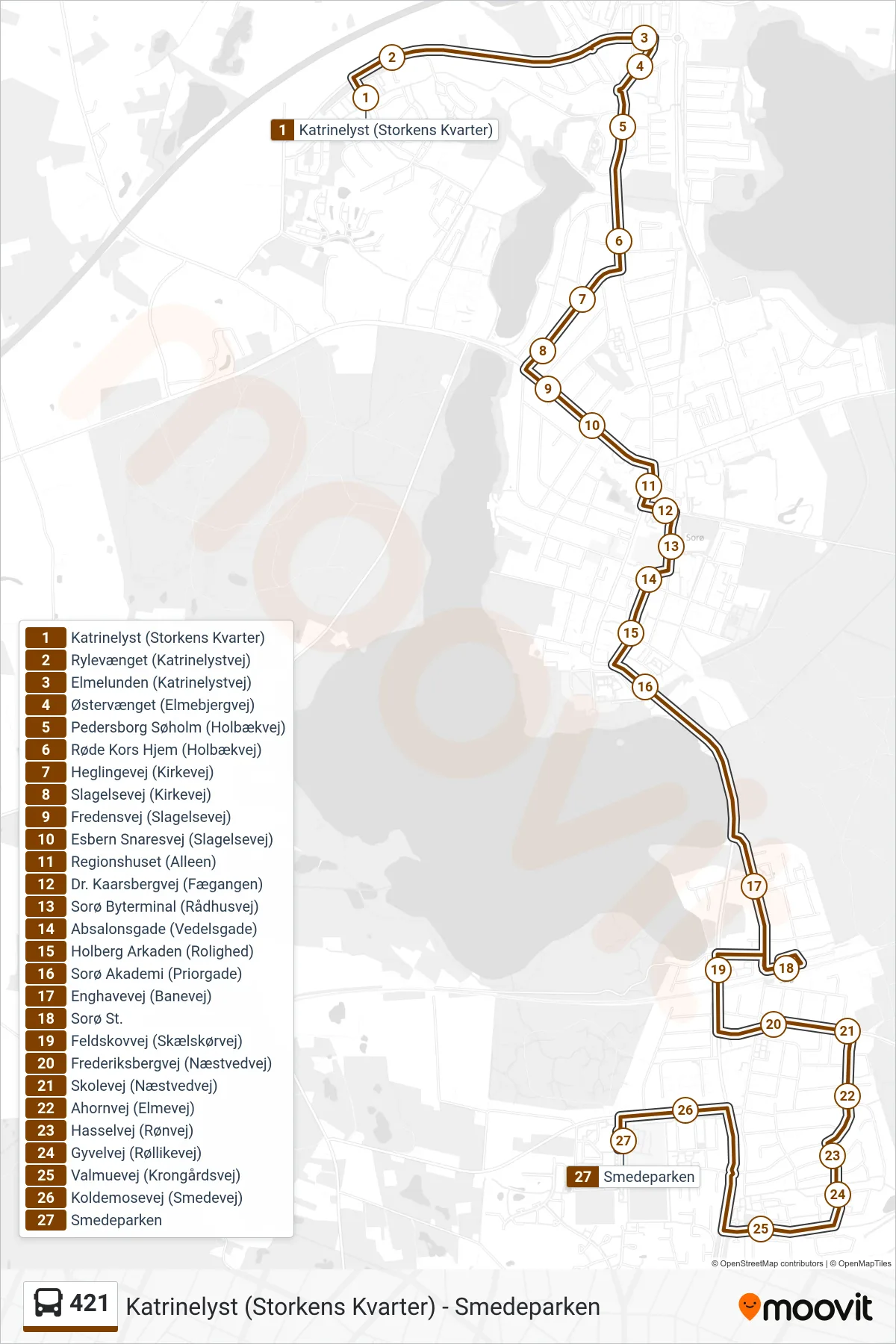421 bus Linje (Smedeparken) rute og stop på et kort