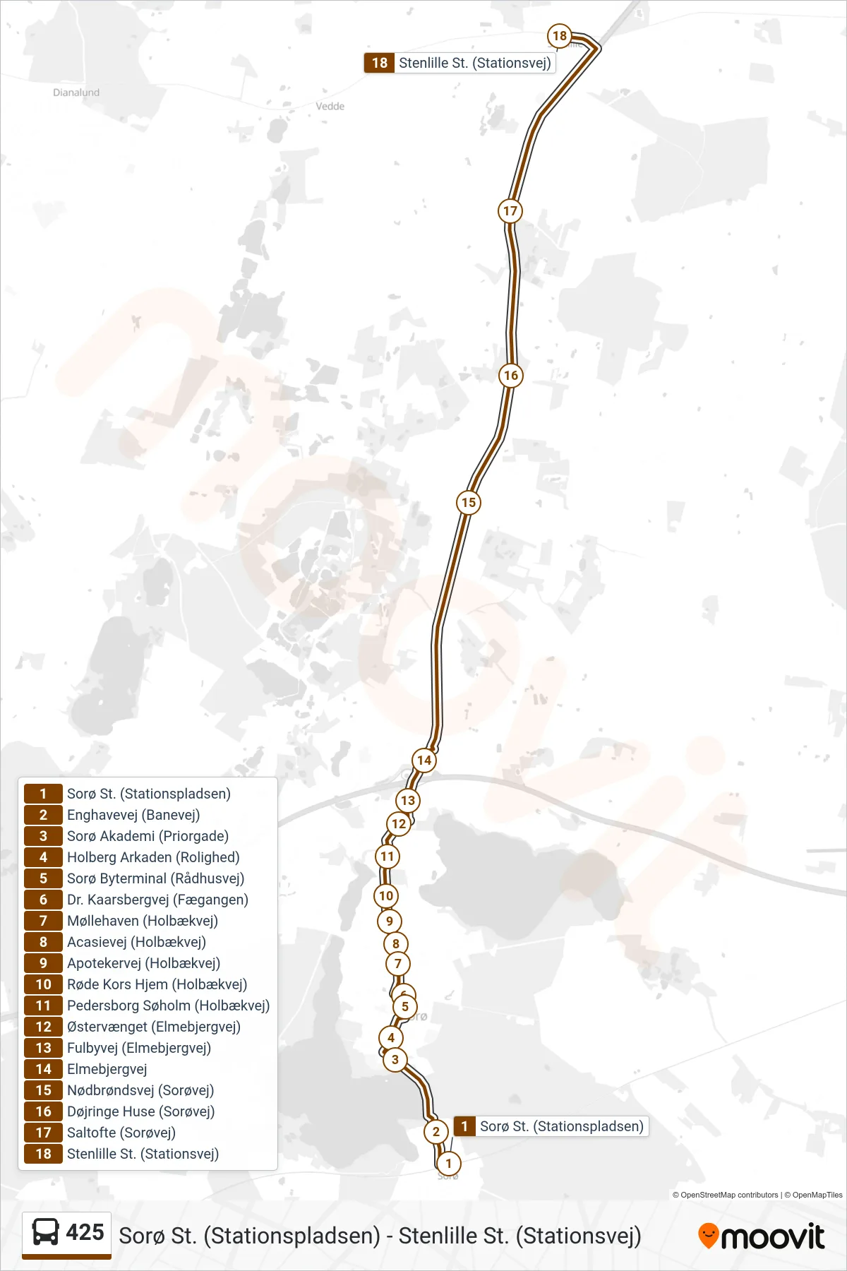425 bus Linje (Stenlille St.) rute og stop på et kort
