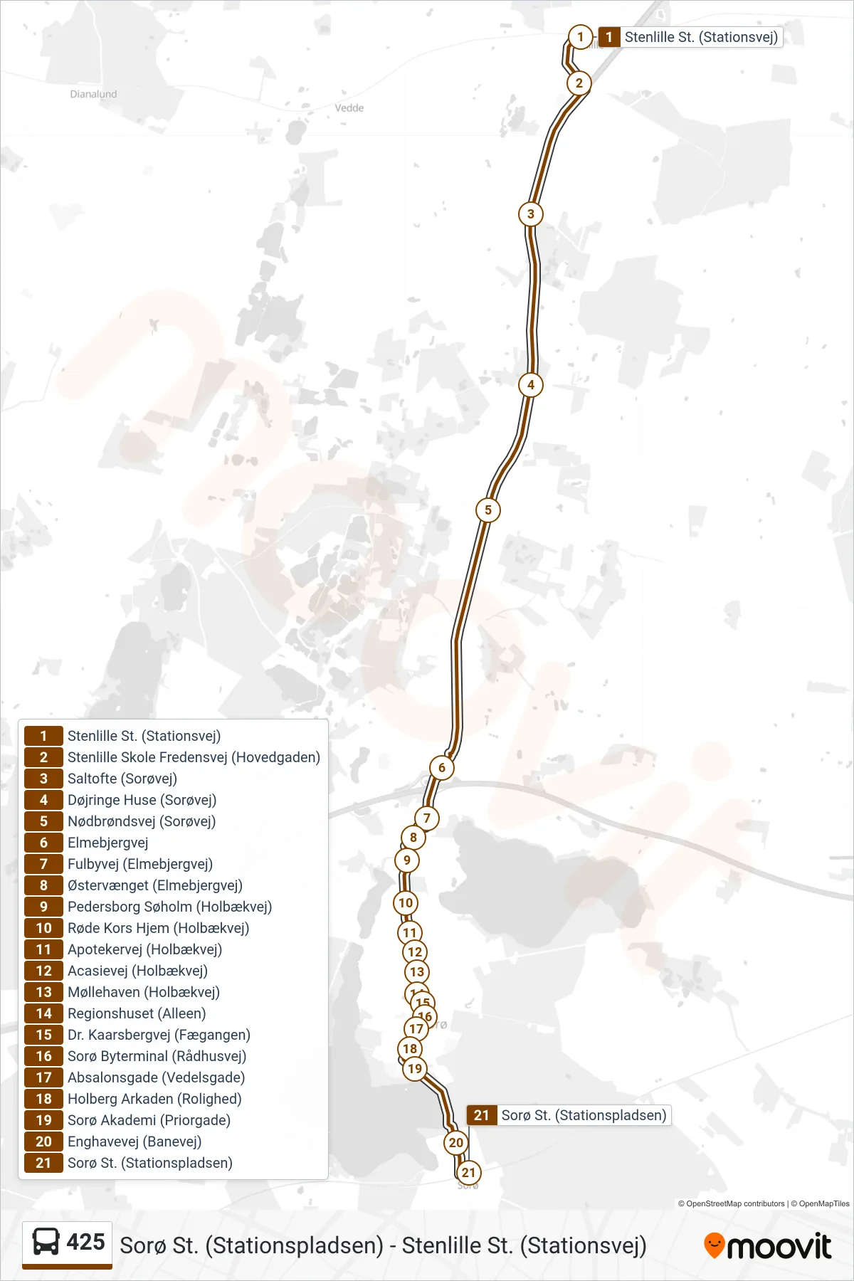 425 bus Linje (Sorø St.) rute og stop på et kort