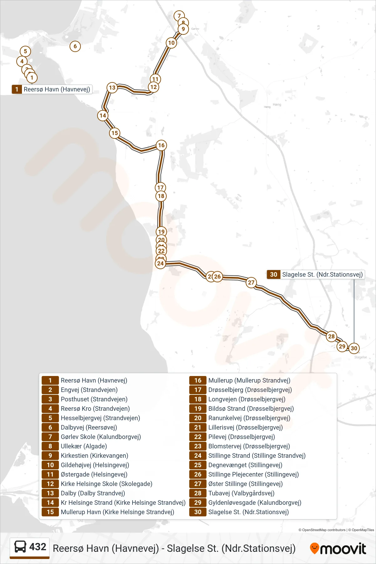 432 bus Linje (Slagelse St.) rute og stop på et kort