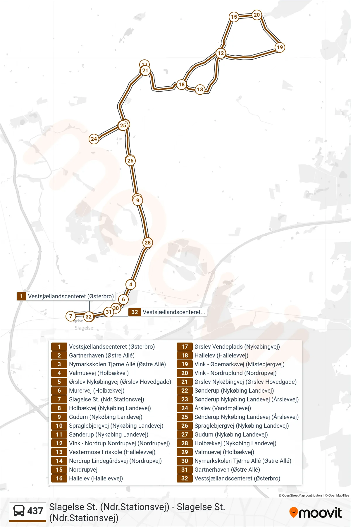 437 bus Line (Slagelse St. (Ndr.Stationsvej)) route and stops on a map