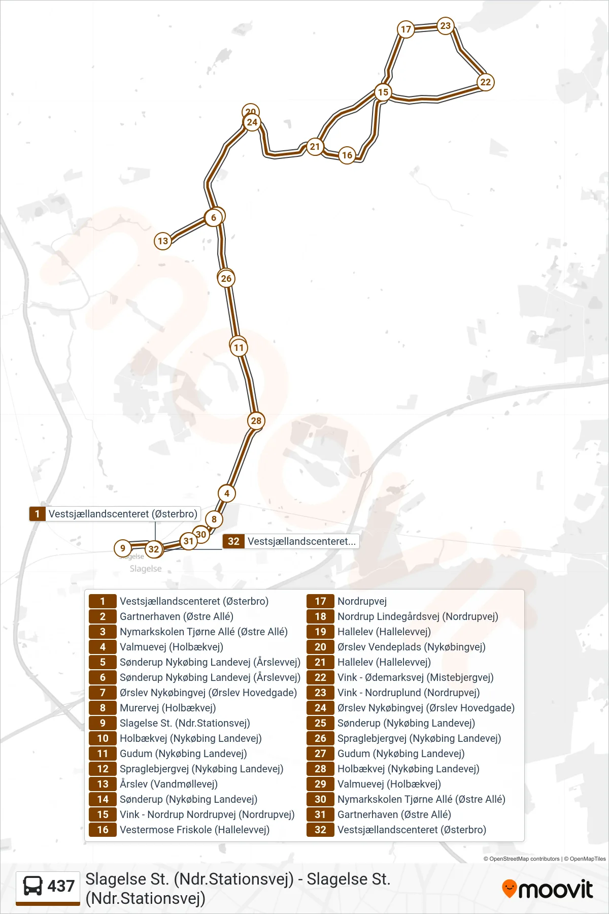 437 bus Linje (Slagelse St. (Ndr.Stationsvej)) rute og stop på et kort