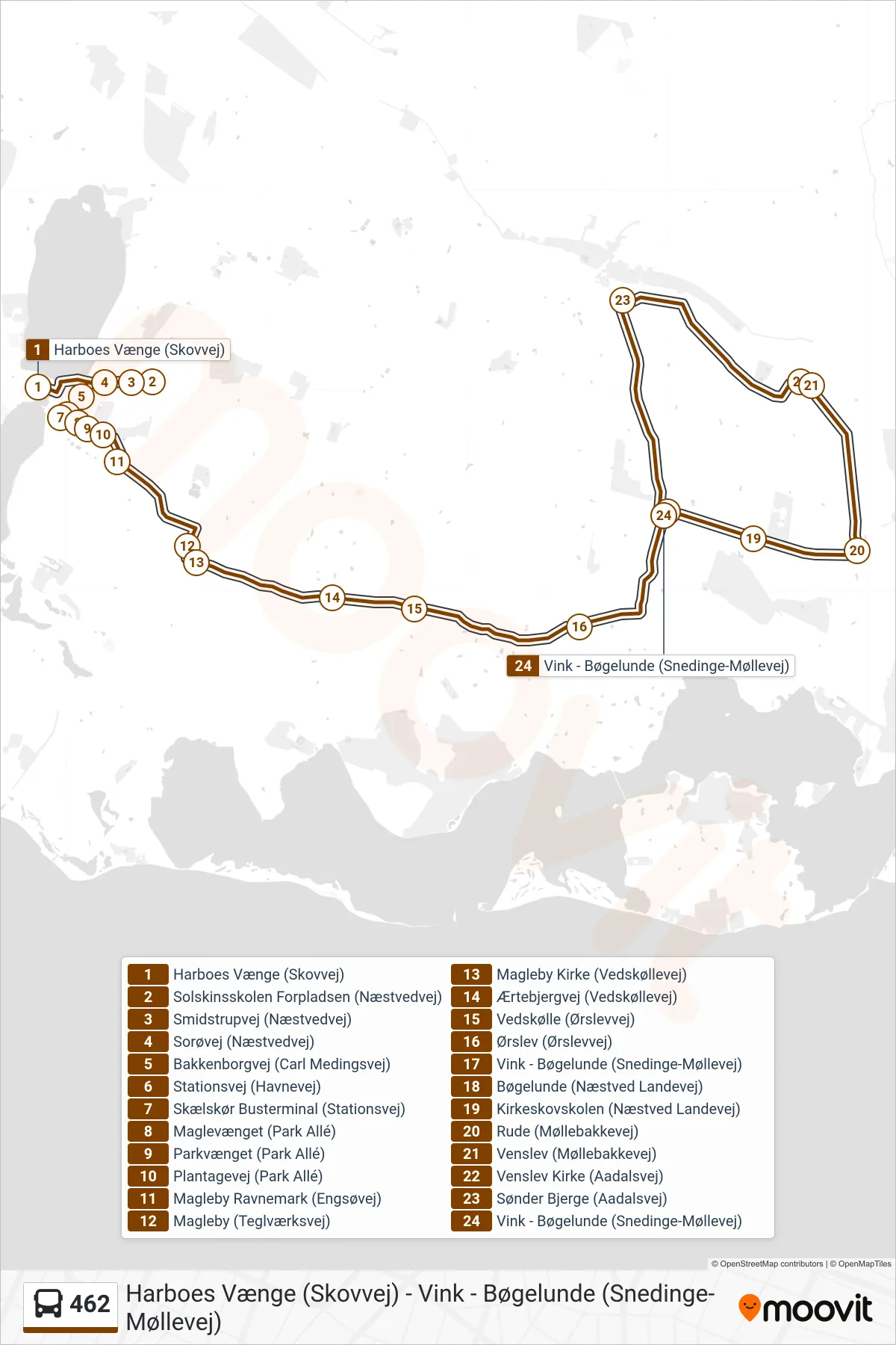 462 bus Linje (Bøgelunde) rute og stop på et kort