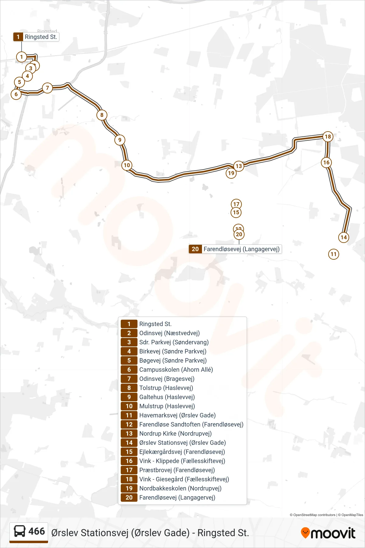 466 bus Linje (Ørslev) rute og stop på et kort