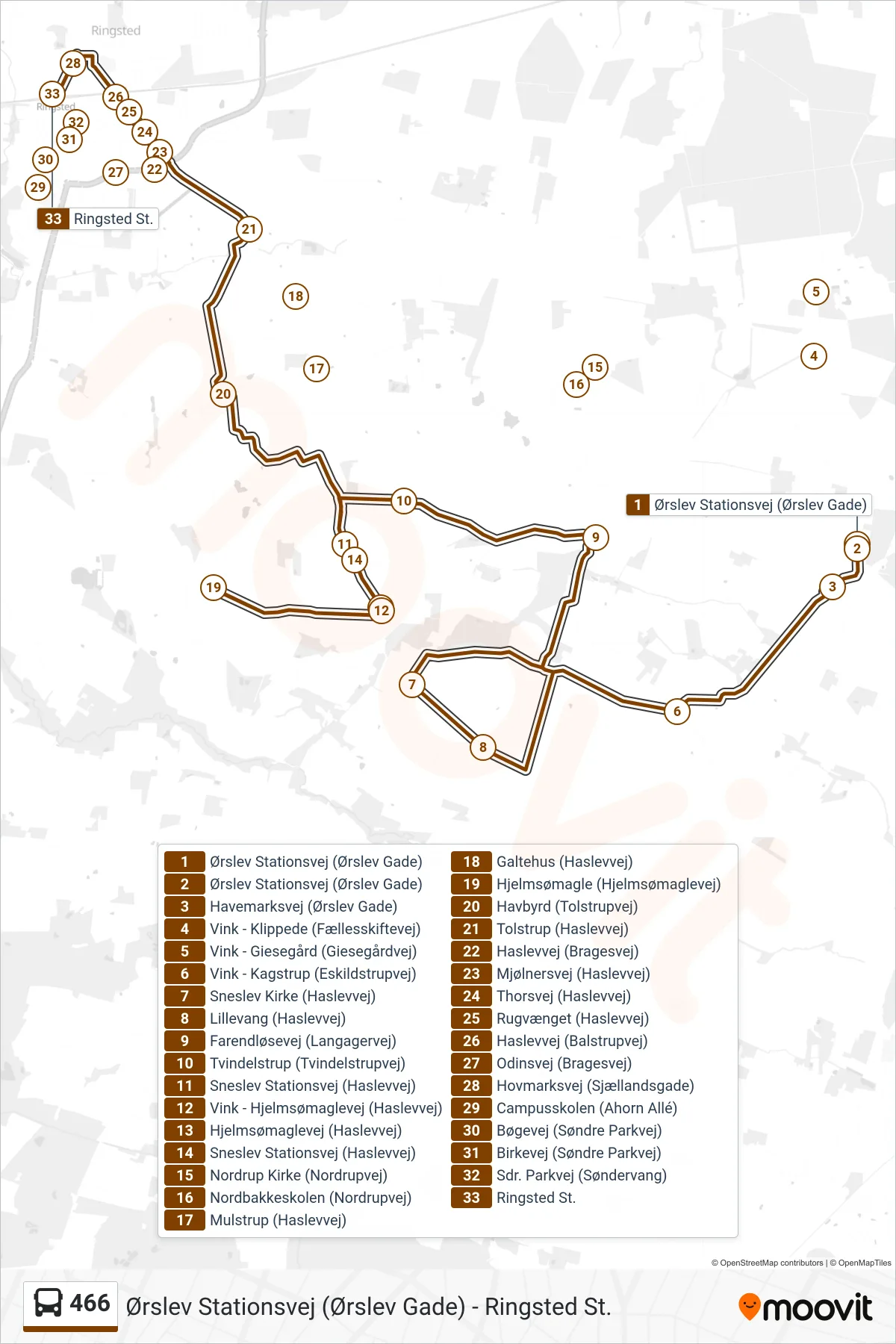466 bus Linje (Ringsted St.) rute og stop på et kort