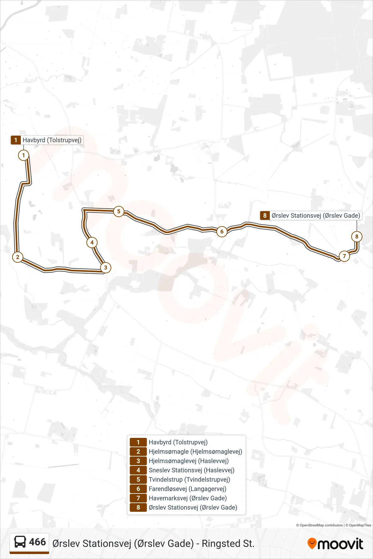 466 bus Linje (Havbyrd - Ørslev) rute og stop på et kort