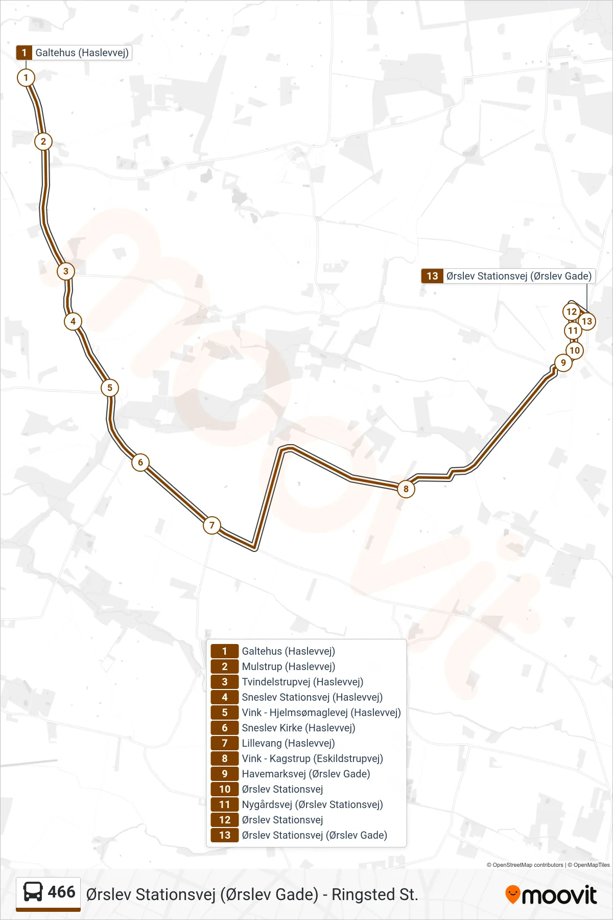 466 bus Line (Galtehus - Ørslev) route and stops on a map