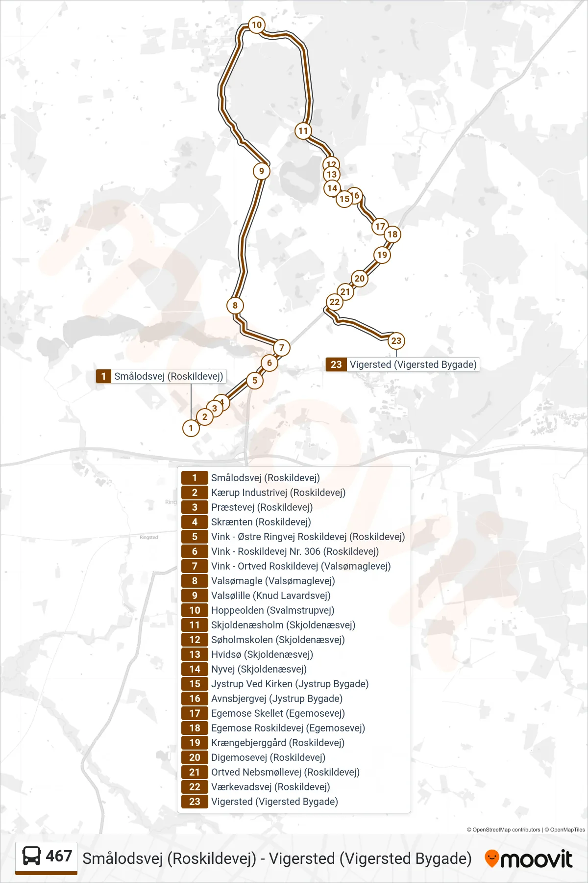 467 bus Linje (Vigersted Skole) rute og stop på et kort