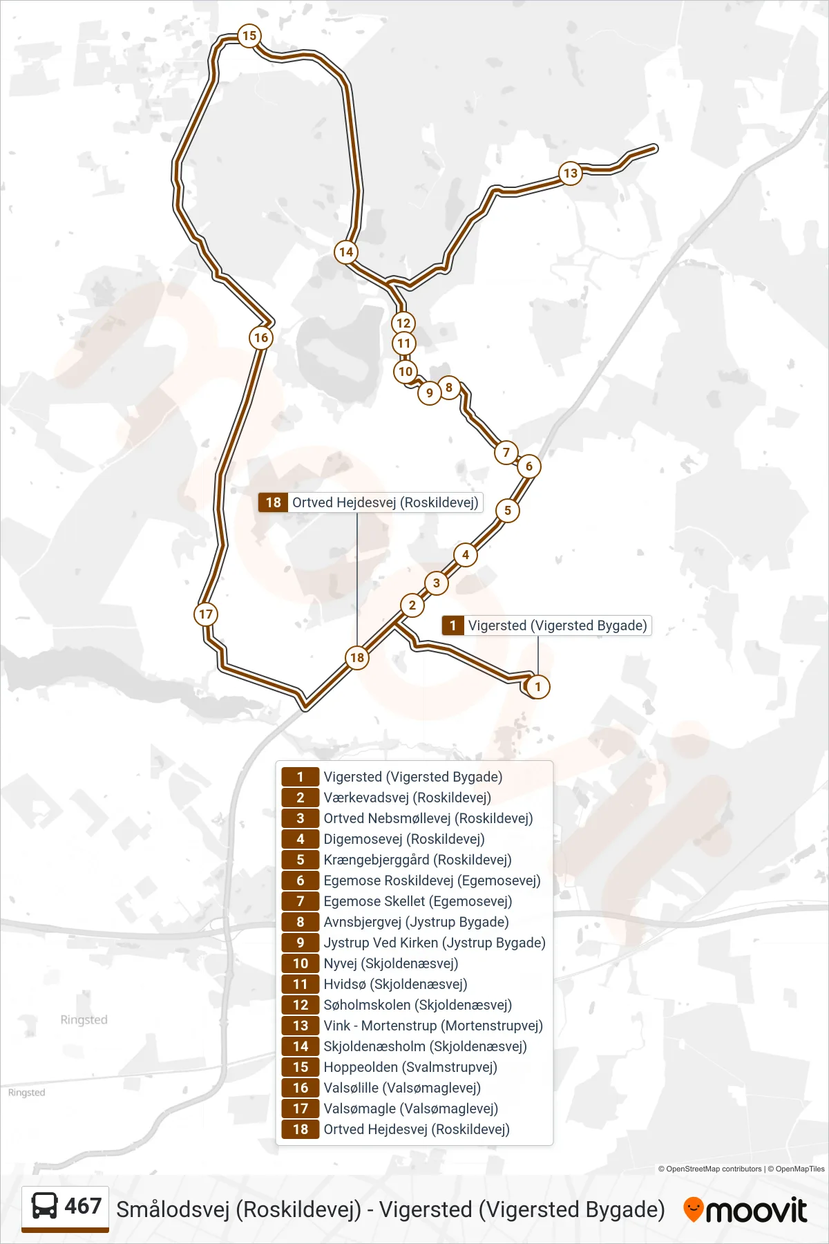 467 bus Linje (Vigersted Skole) rute og stop på et kort