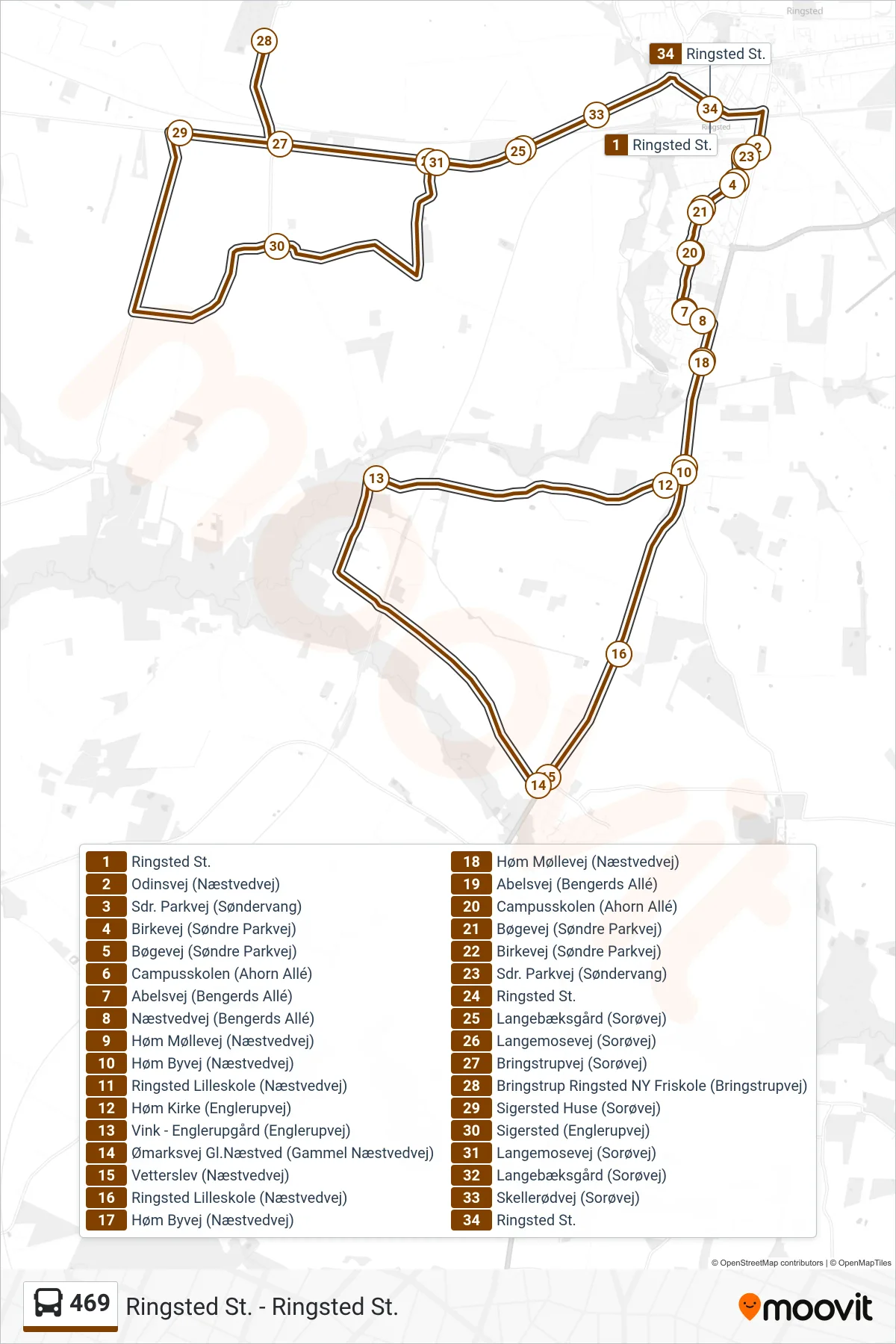 469 bus Linje (Ringsted St.) rute og stop på et kort