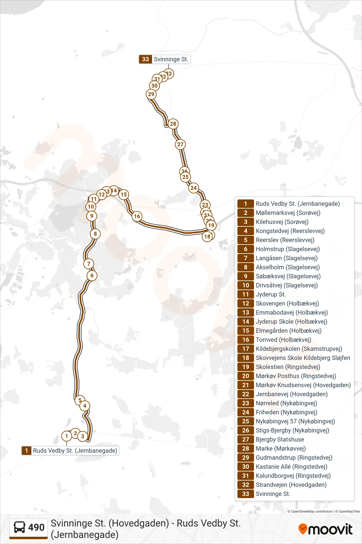 490 bus Line (Svinninge St.) route and stops on a map