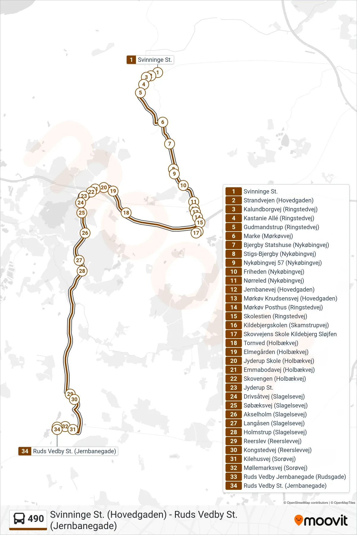 490 bus Linje (Ruds Vedby St.) rute og stop på et kort