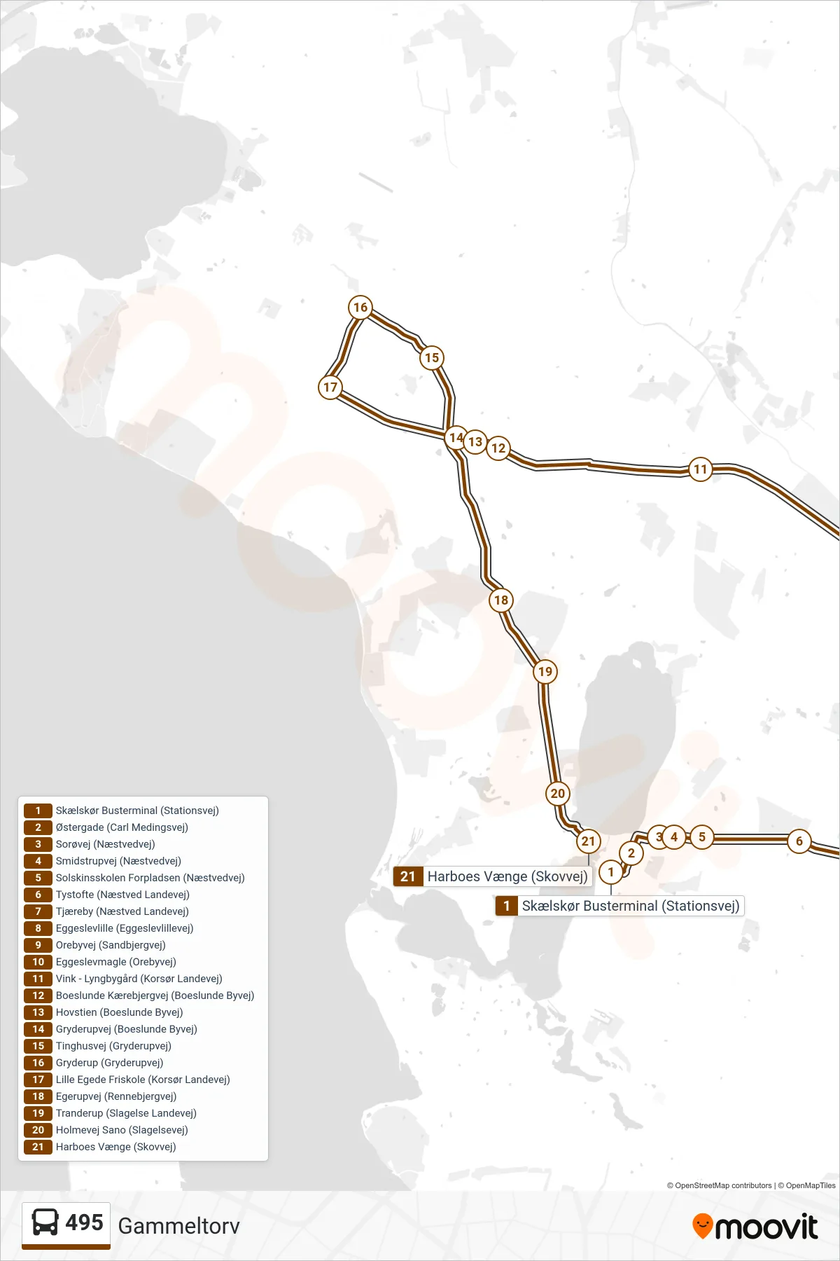 495 bus Linje (Gammeltorv) rute og stop på et kort