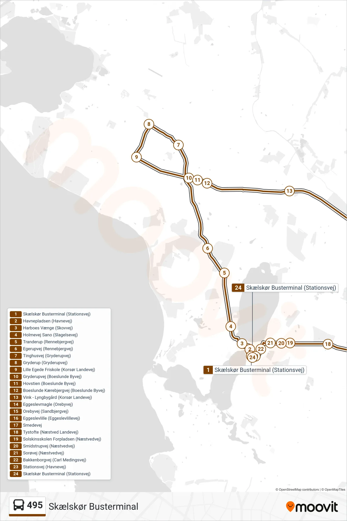495 bus Linje (Skælskør Busterminal) rute og stop på et kort