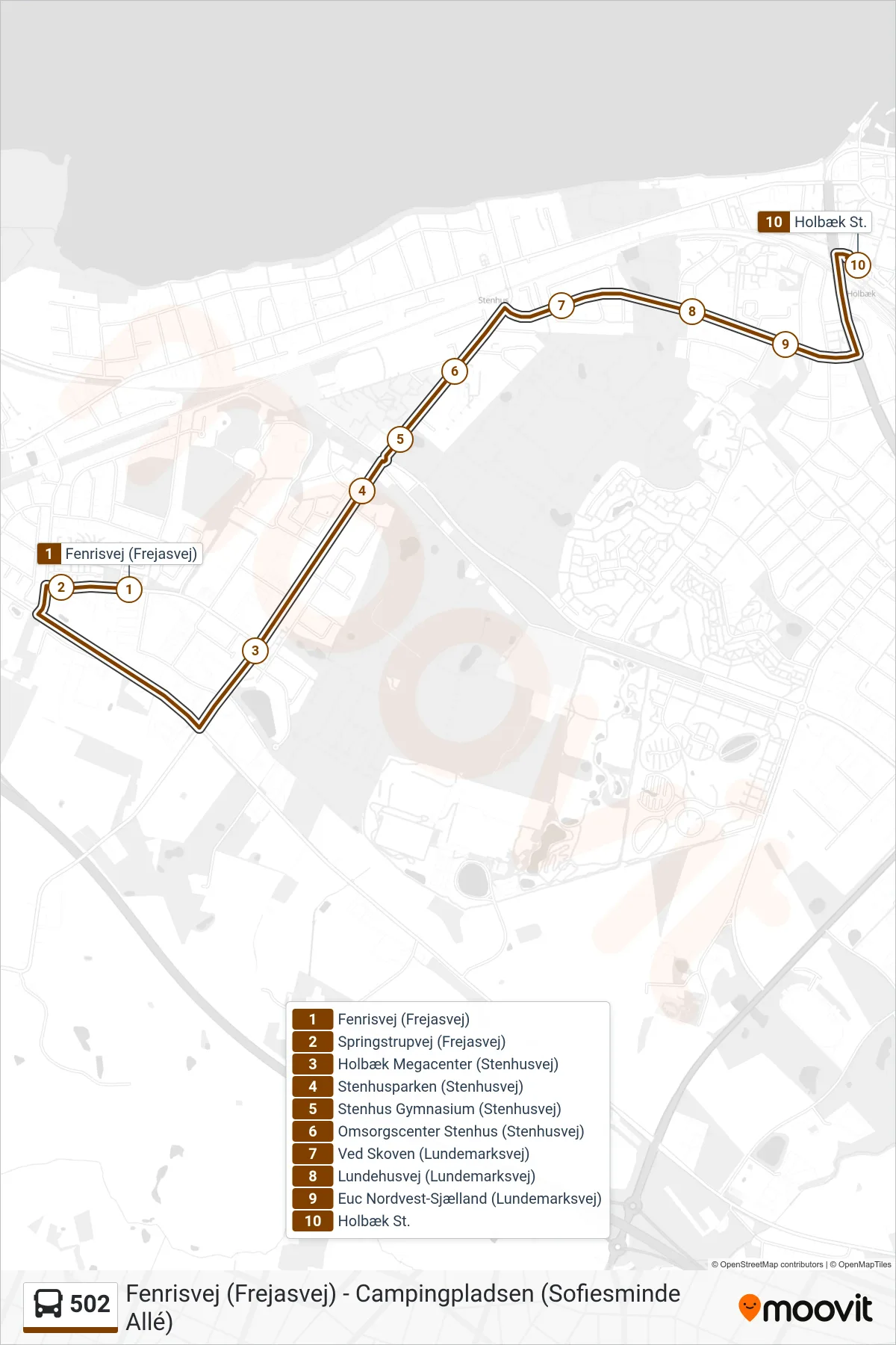 502 bus Line (Holbæk St.) route and stops on a map