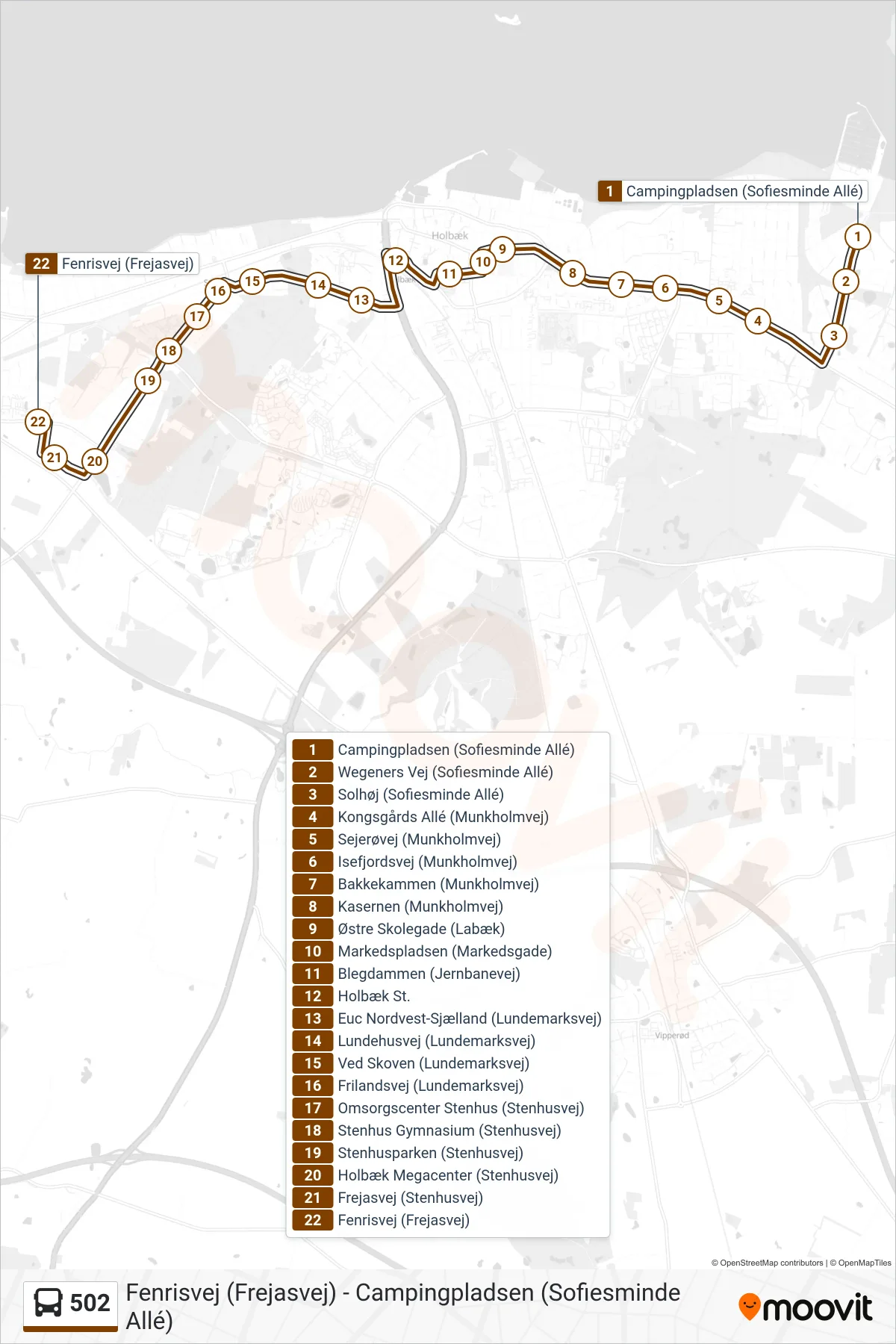 502 bus Linje (Springstrupvej) rute og stop på et kort