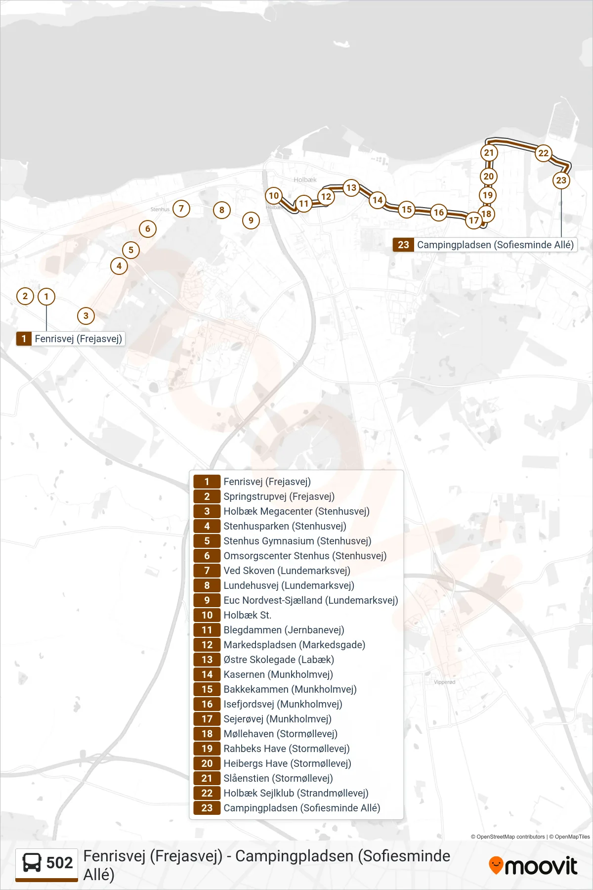 502 bus Linje (Campingpladsen) rute og stop på et kort