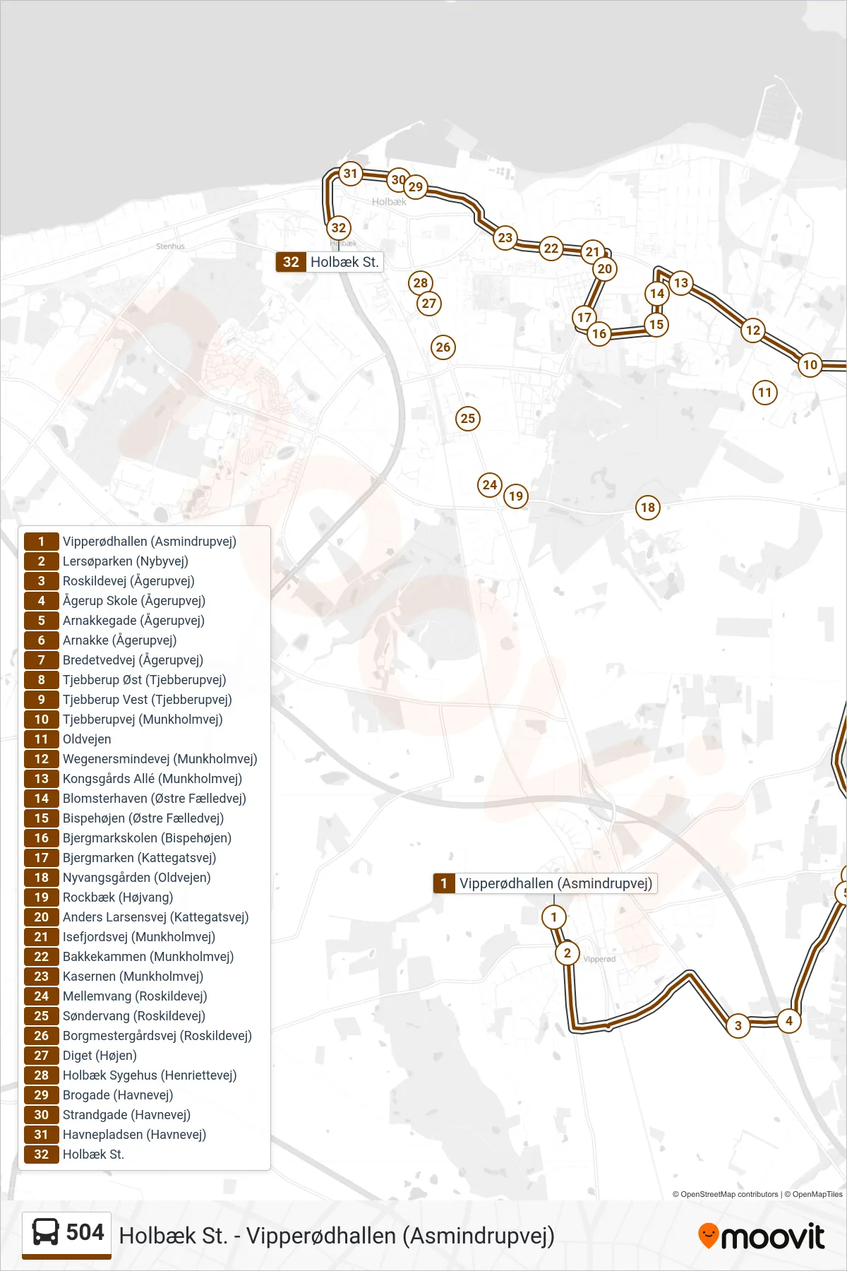504 bus Linje (Holbæk St.) rute og stop på et kort