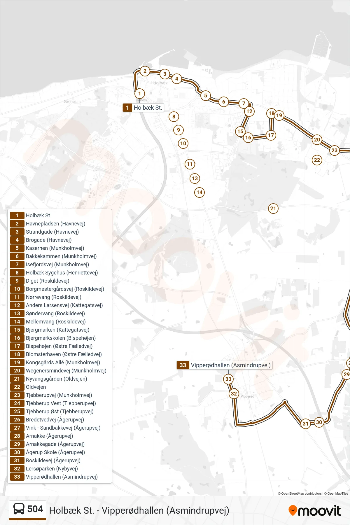 504 bus Linje (Vipperødhallen) rute og stop på et kort