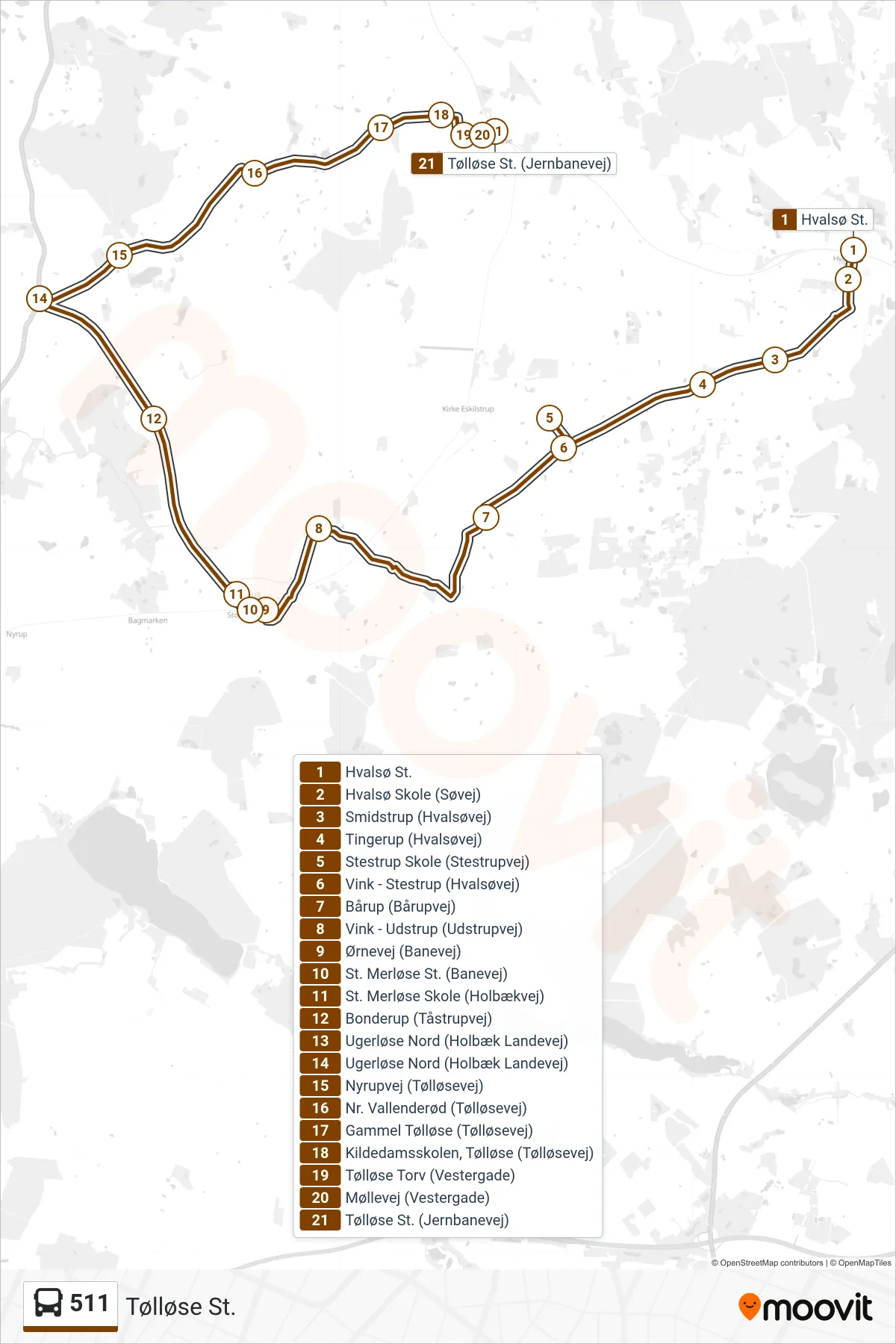 511 bus Linje (Tølløse St.) rute og stop på et kort