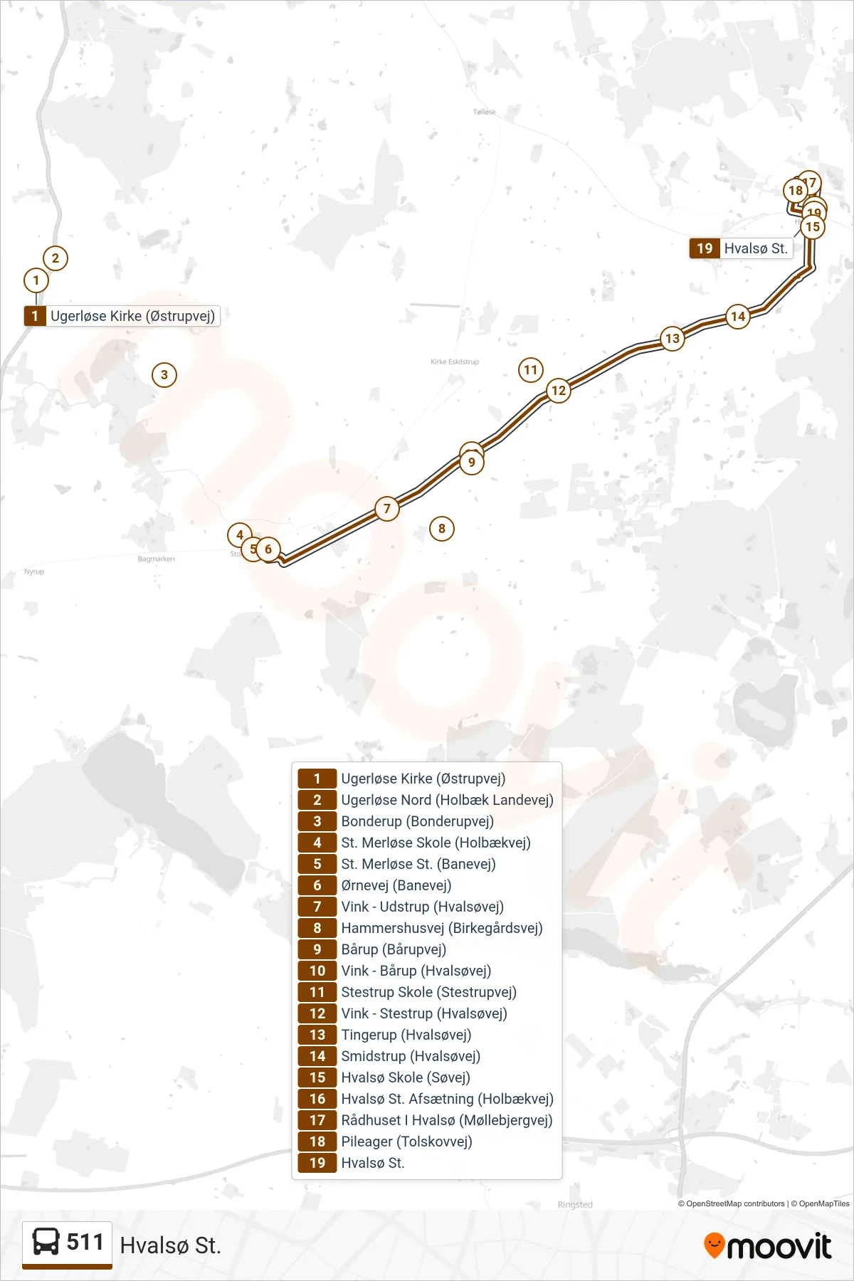 511 bus Linje (Hvalsø St.) rute og stop på et kort