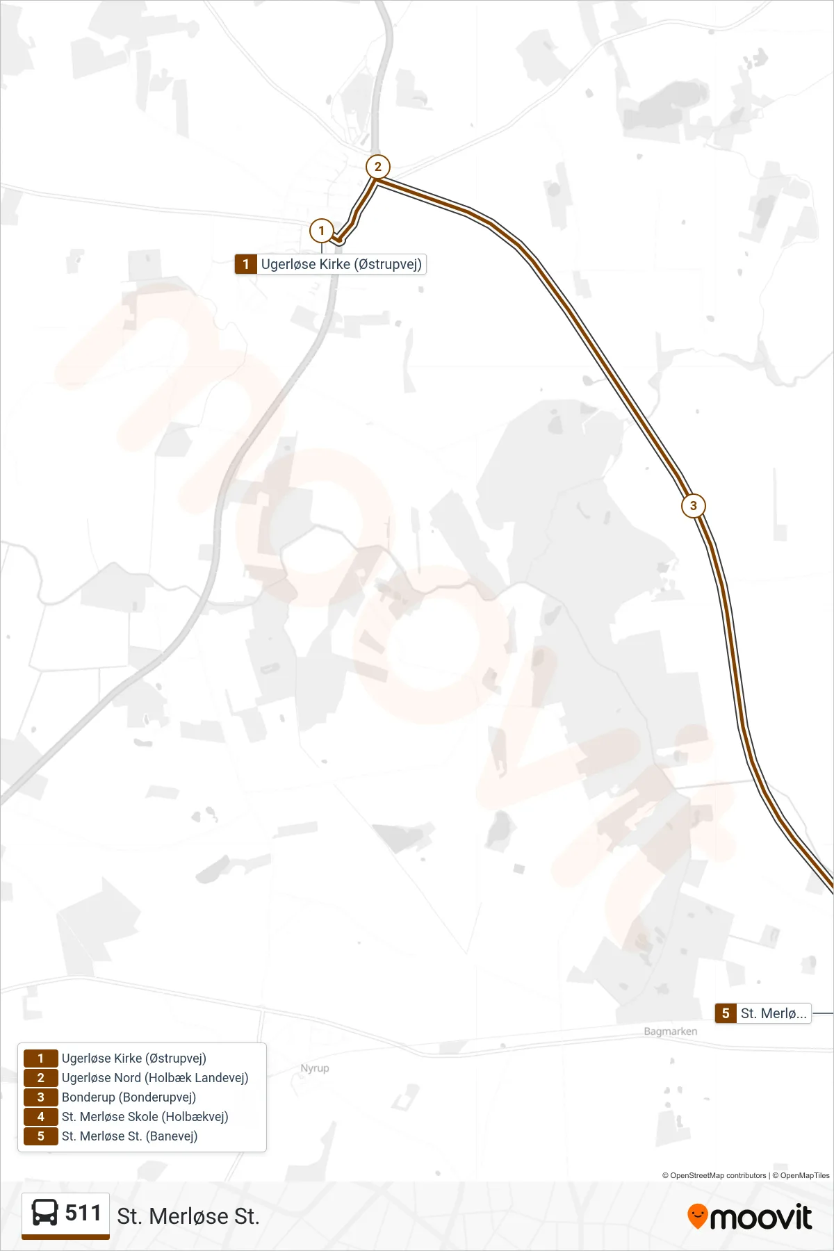 511 bus Linje (St. Merløse St.) rute og stop på et kort