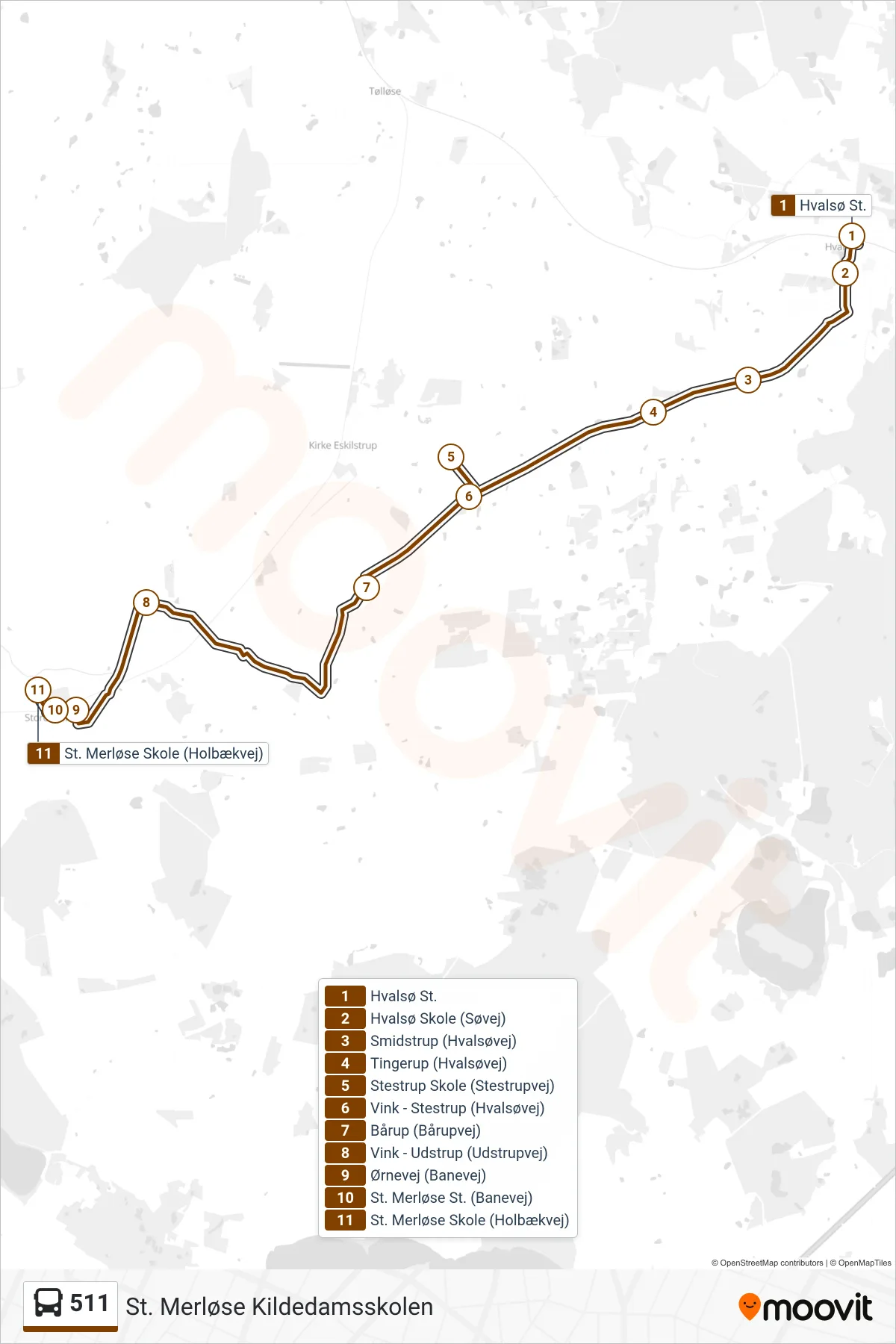 511 bus Line (St. Merløse Kildedamsskolen) route and stops on a map