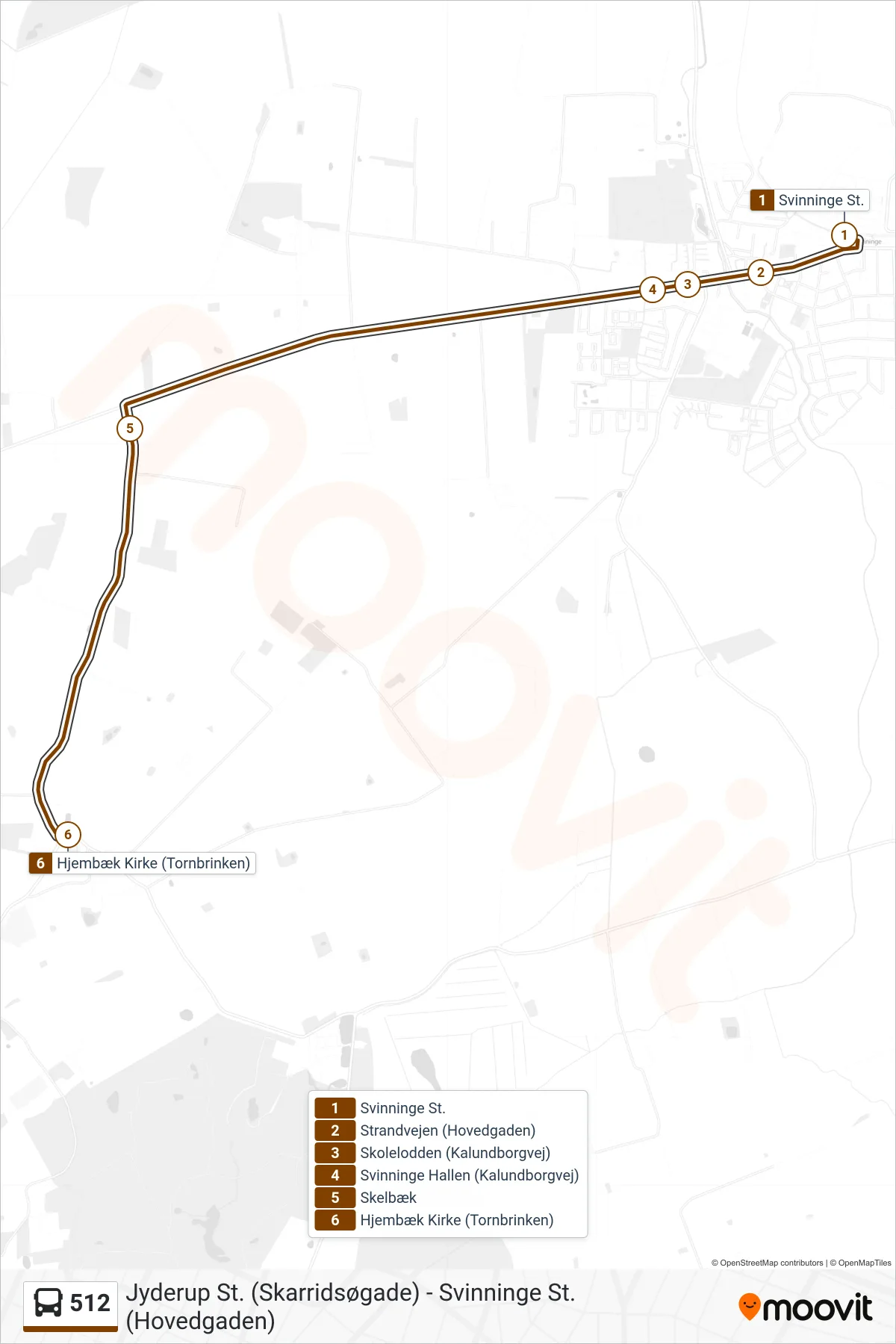 512 bus Linje (Hjembæk) rute og stop på et kort
