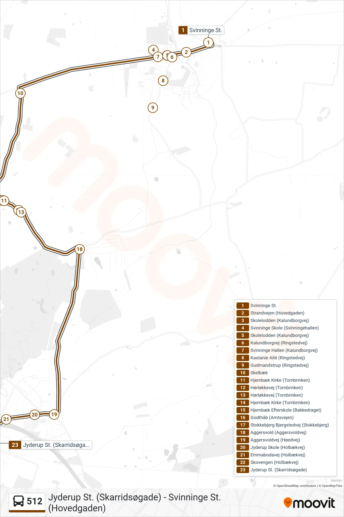 512 bus Linje (Jyderup St.) rute og stop på et kort