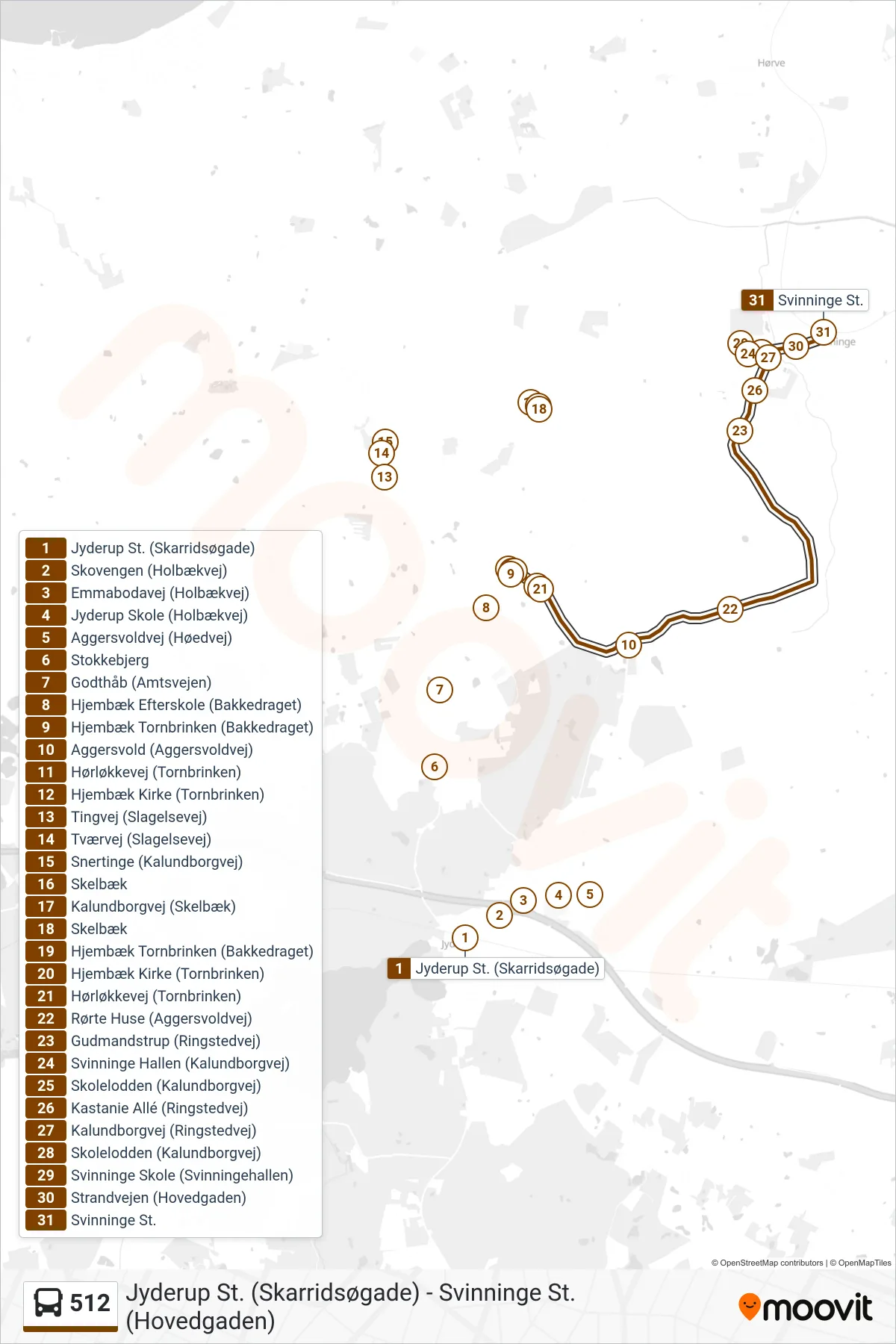 512 bus Linje (Svinninge St.) rute og stop på et kort