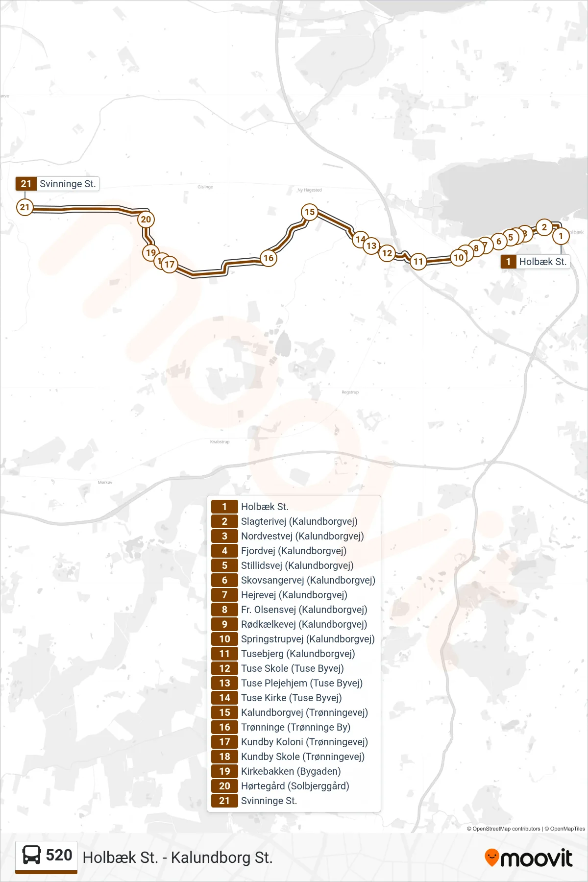 520 bus Linje (Svinninge St.) rute og stop på et kort