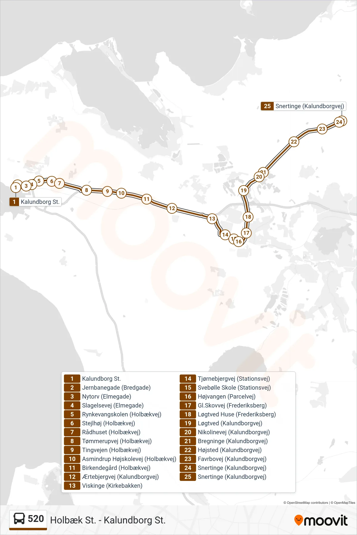 520 bus Linje (Snertinge) rute og stop på et kort