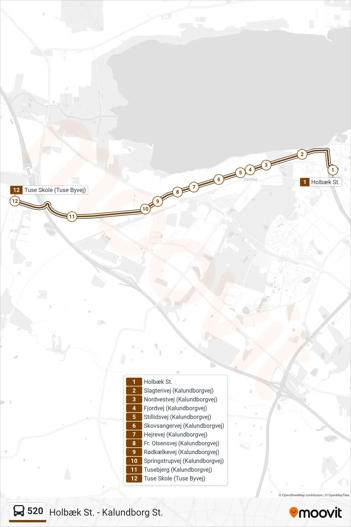 520 bus Linje (Tuse Skole) rute og stop på et kort