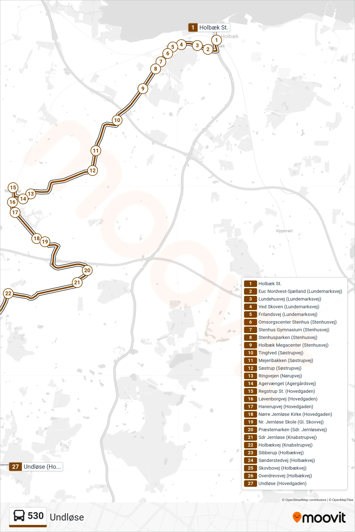 530 bus Linje (Undløse) rute og stop på et kort