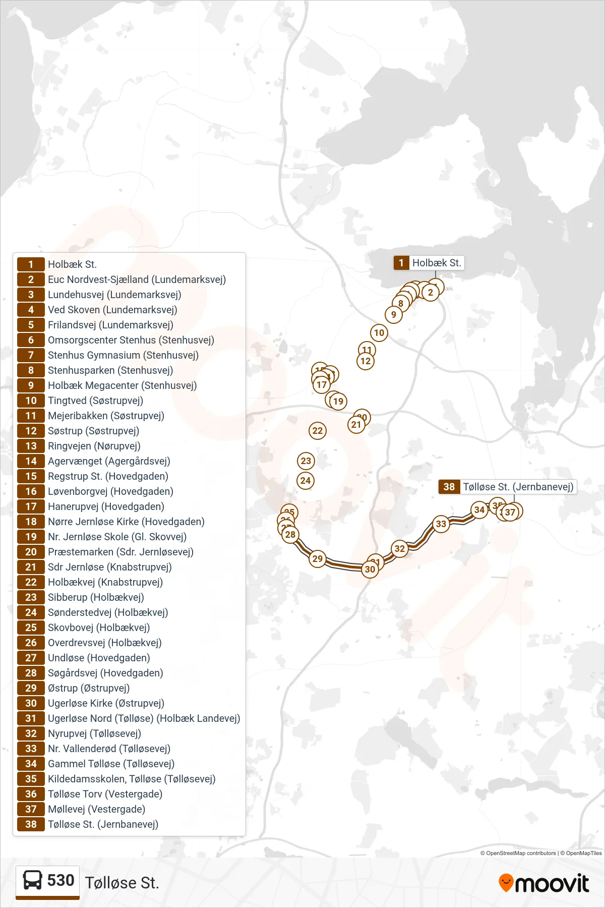 530 bus Linje (Tølløse St.) rute og stop på et kort