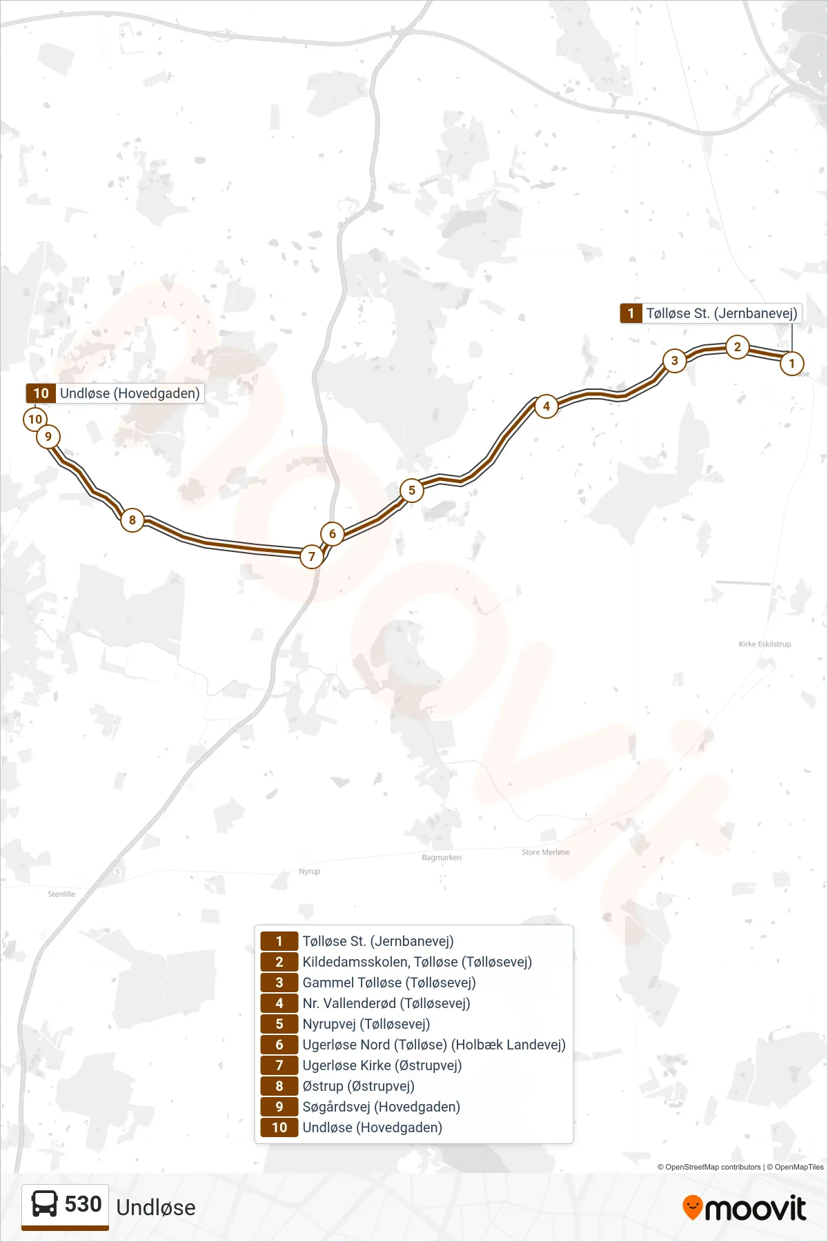 530 bus Linje (Undløse) rute og stop på et kort