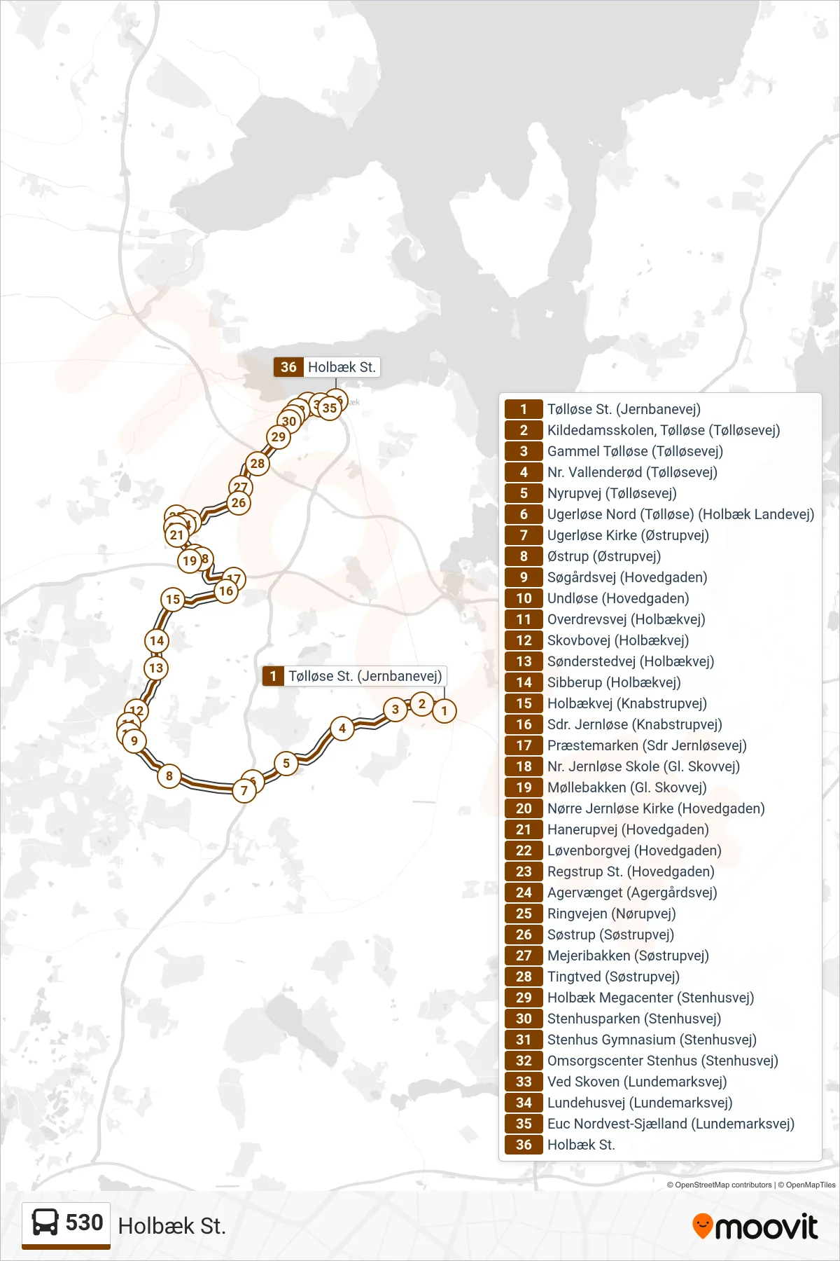 530 bus Linje (Holbæk St.) rute og stop på et kort