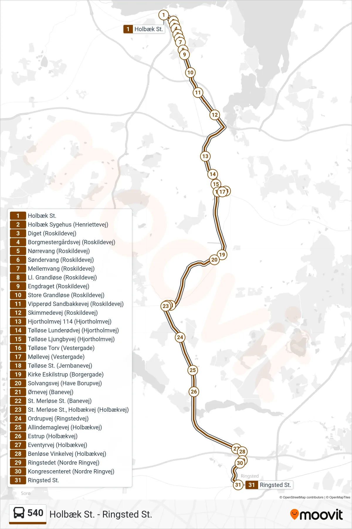540 bus Linje (Ringsted St.) rute og stop på et kort