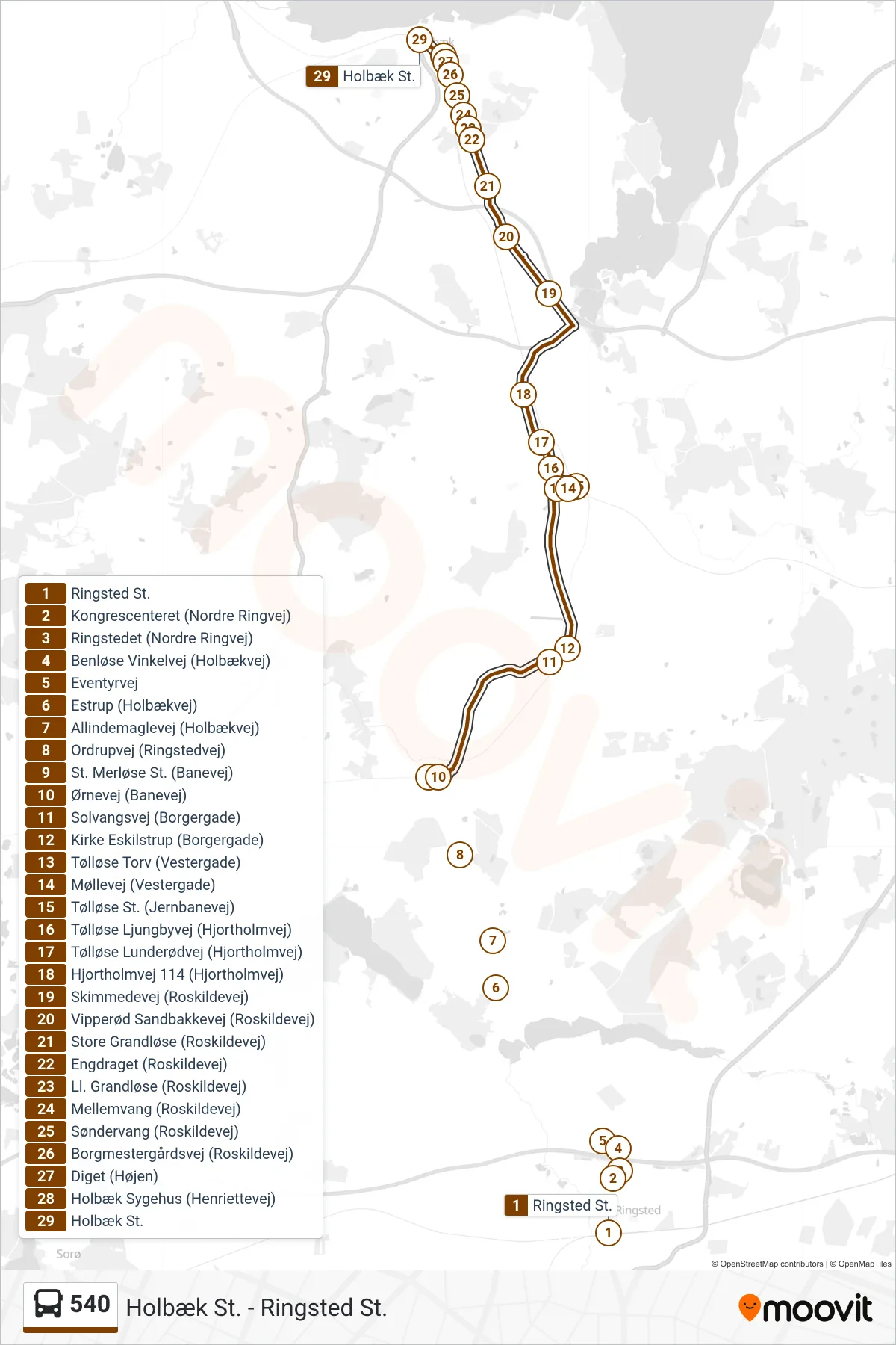 540 bus Linje (Holbæk St.) rute og stop på et kort
