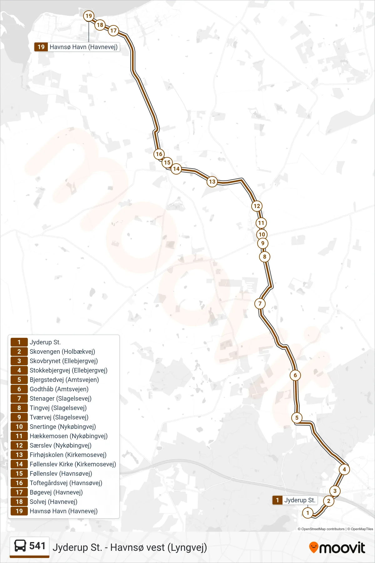 541 bus Linje (Havnsø Havn) rute og stop på et kort