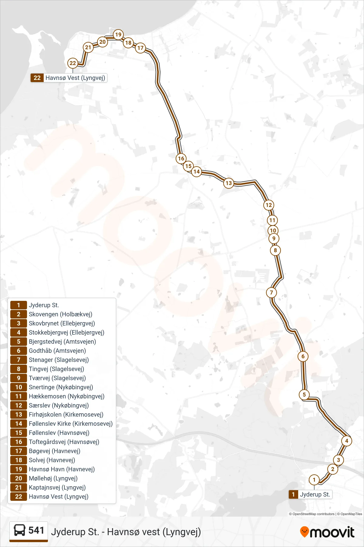541 bus Linje (Havnsø Vest) rute og stop på et kort