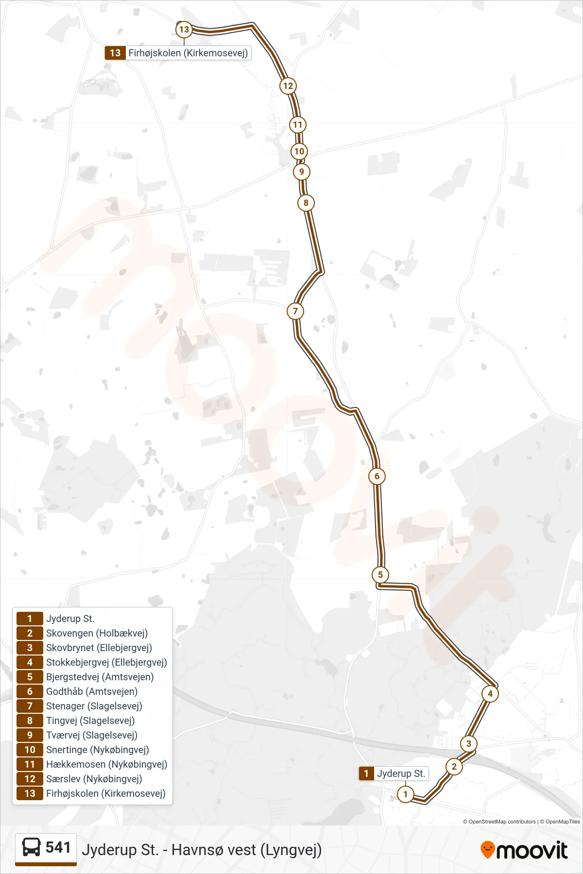 541 bus Line (Firhøjskolen) route and stops on a map