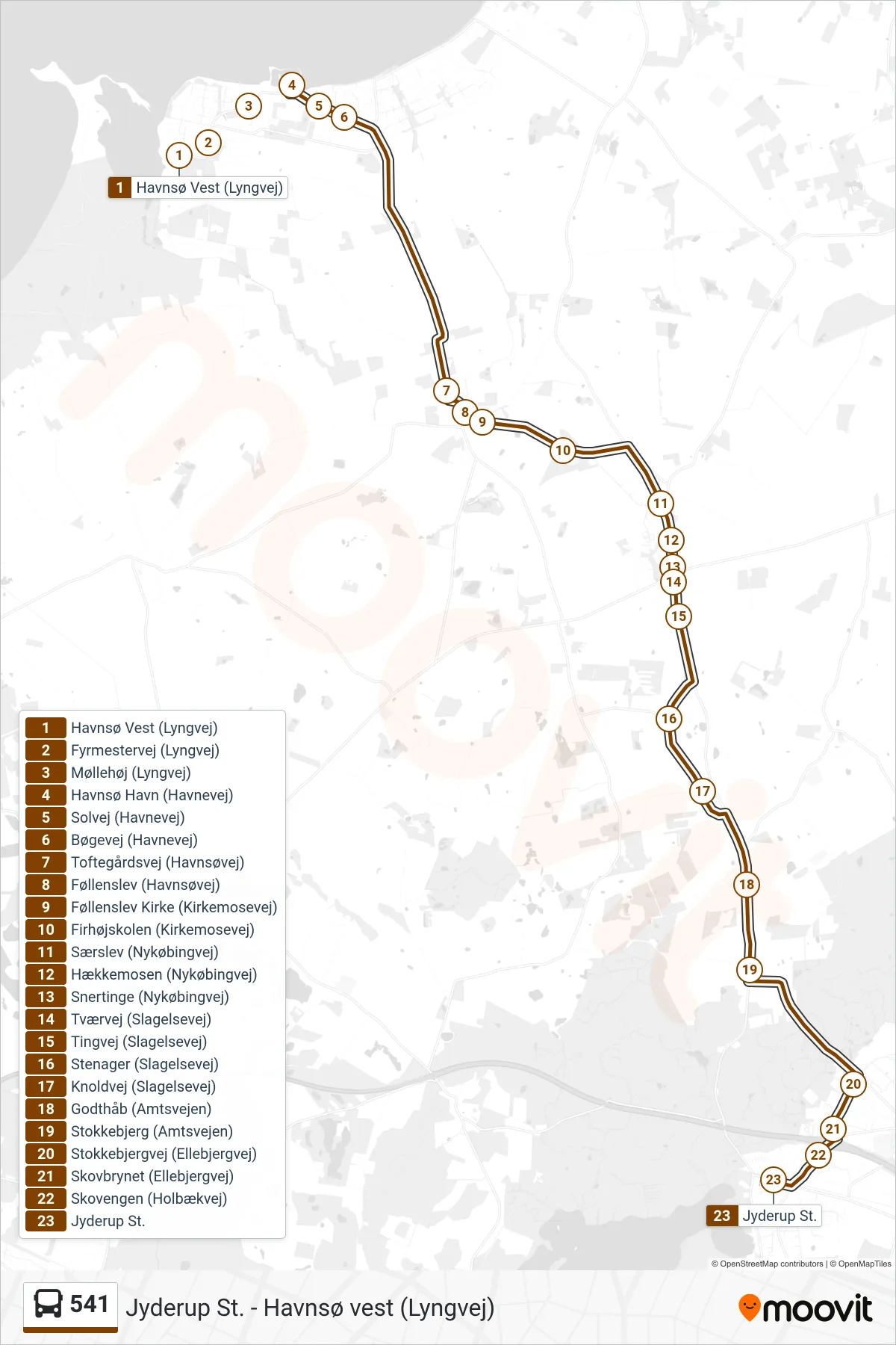 541 bus Linje (Jyderup St.) rute og stop på et kort