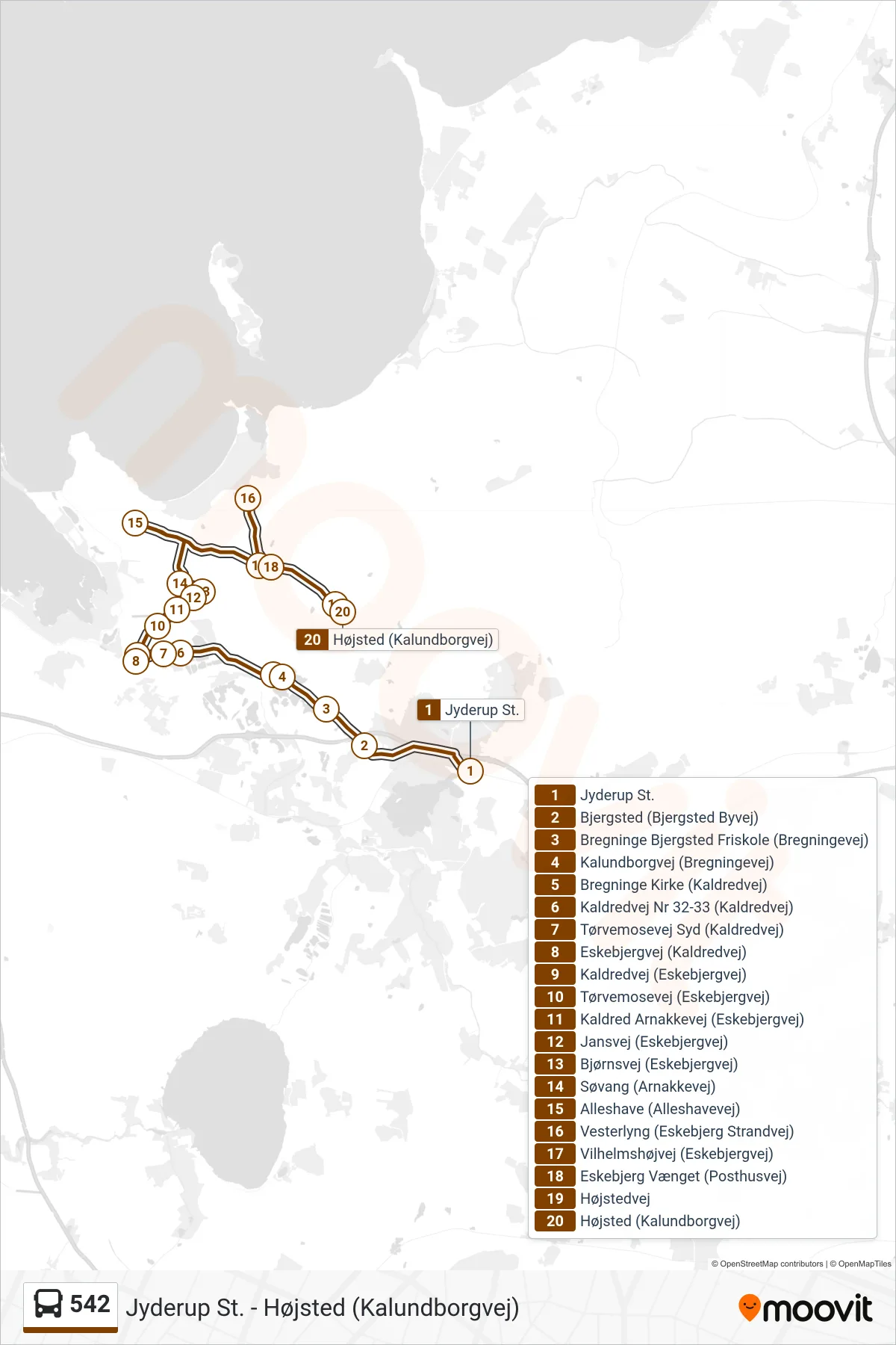 542 bus Linje (Højsted) rute og stop på et kort