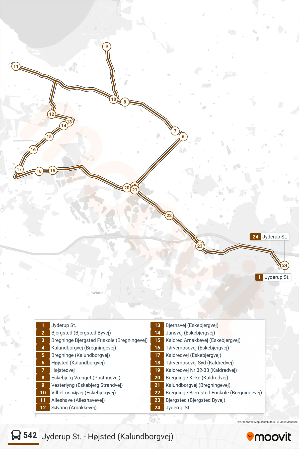 542 bus Linje (Jyderup St.) rute og stop på et kort
