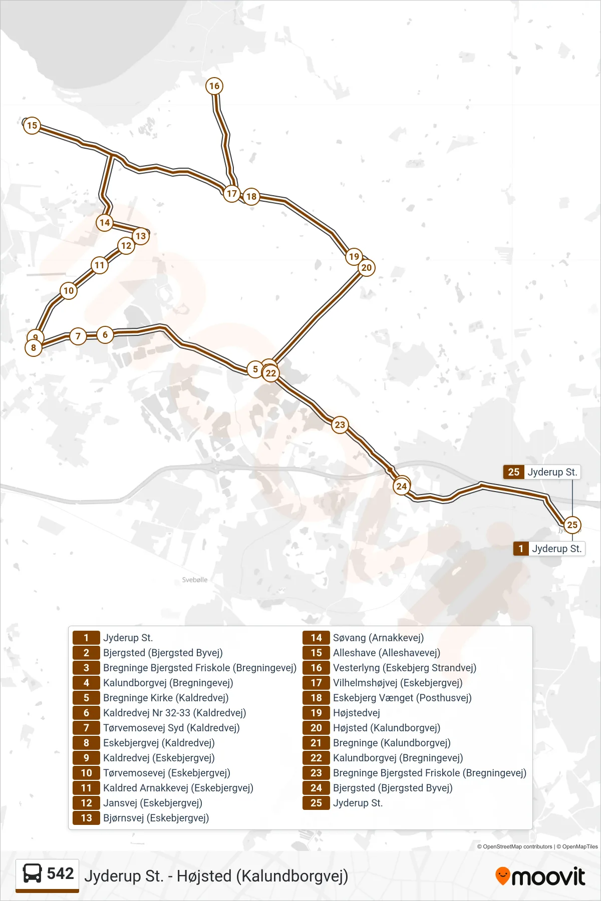 542 bus Linje (Jyderup St.) rute og stop på et kort